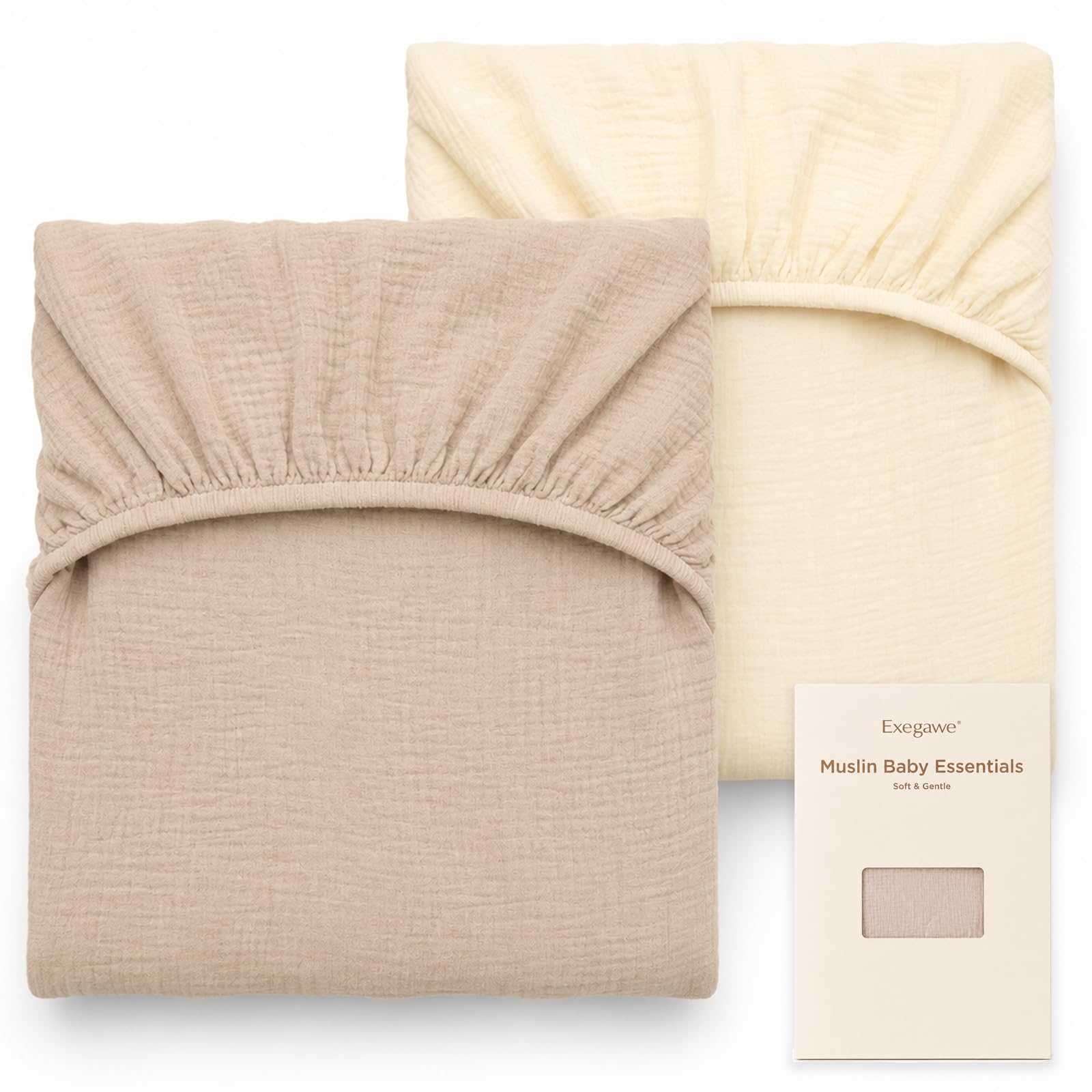 Exegawe Muslin Cotton Cot Fitted Sheets for Baby 60x120cm, 2-Pack Beige Set