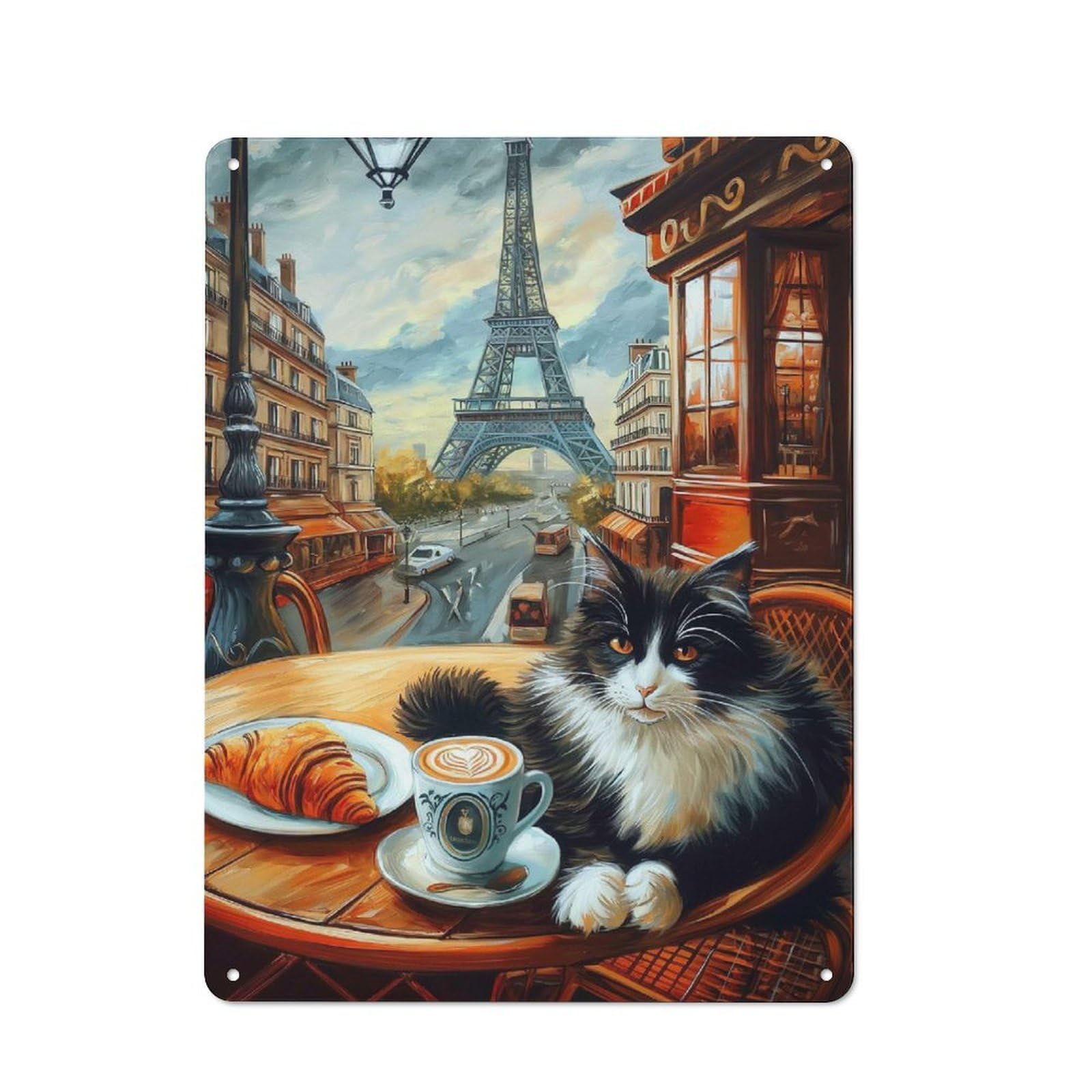 Junmoney Style-10 Parisian Cat Cafe Metal Wall Plaque 40X30cm, Character Room Wall Plaque For Hallway, Home Bar, Garage Or Study