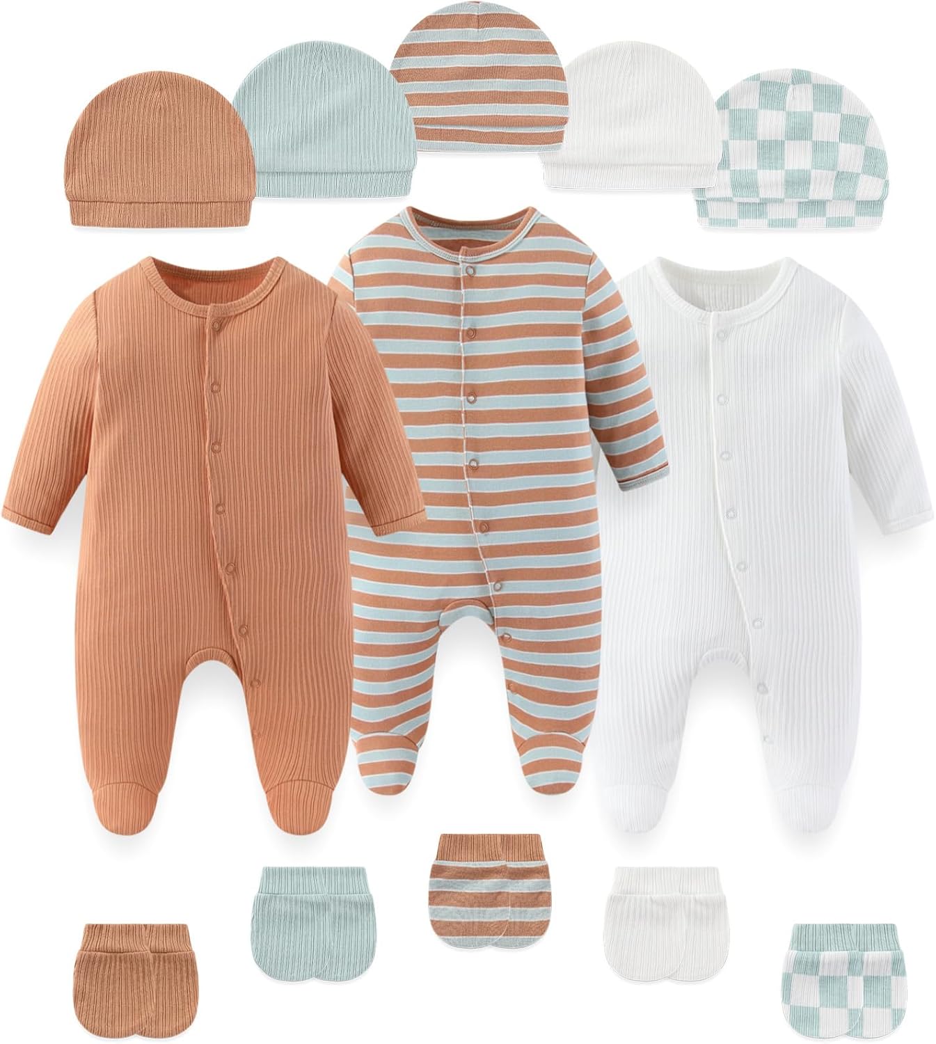 falianni Fashion Baby Boy Girl Clothing Set Cotton Soft 3-Piece Long Sleeve Button Rompers 5-Pack Hats&Gloves Infant Clothes