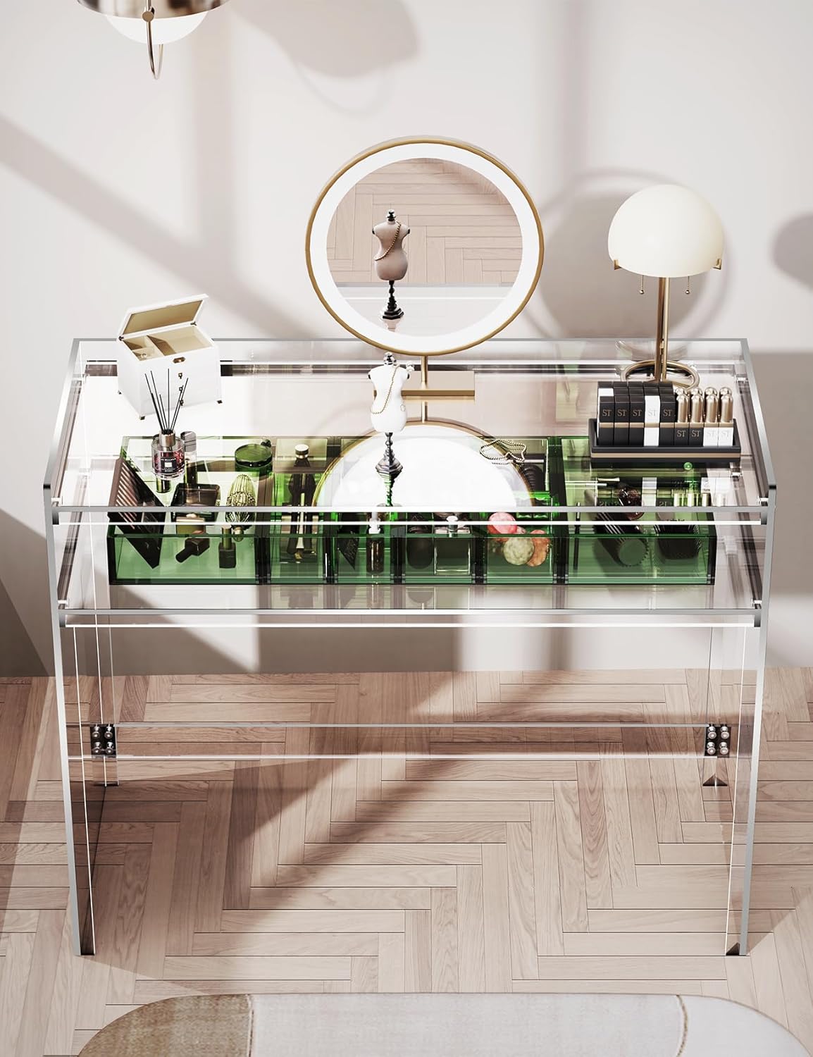 Acrylic Vanity Clear Desk Make Up Table with Storage Shelves 17.7" D x 39.4" W x 31.5" H （Without Mirror ）