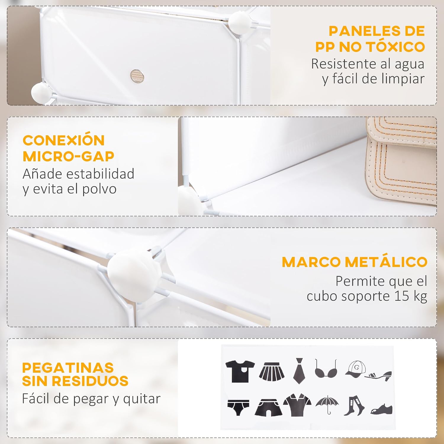 Diagram showing features: non-toxic PP panels, micro-gap connection for stability, metal frame for 15kg support, and residue-free stickers.