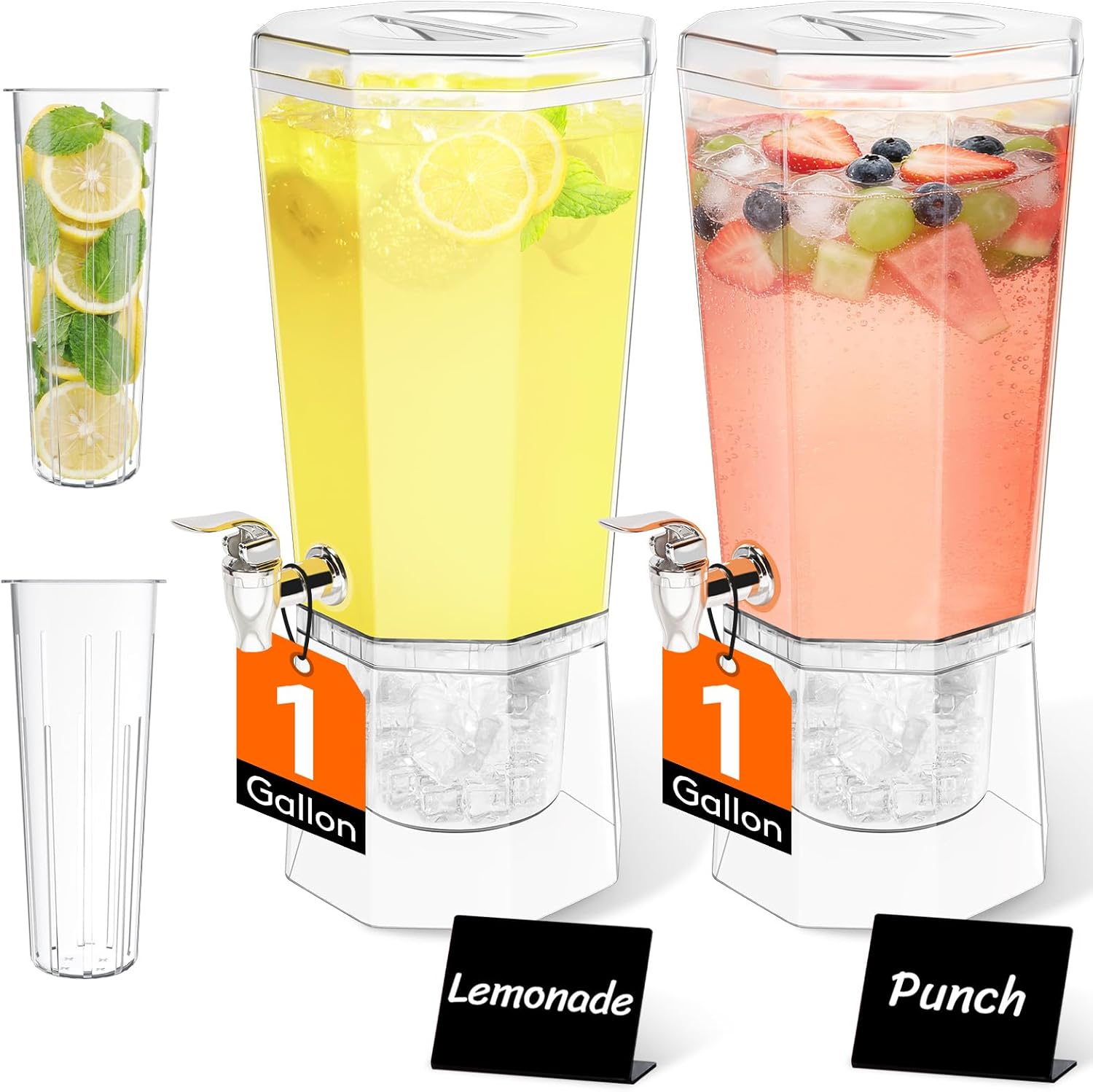 Lifewit 1 Gallon Drink Dispenser for Parties 2 Pcs, Plastic Beverage Container for Juice/Tea/Soda with Stand & Ice Core, Clear Lemonade Dispenser with Spigot, BPA Free Water Pitcher 39 x 16 cm/15x6"