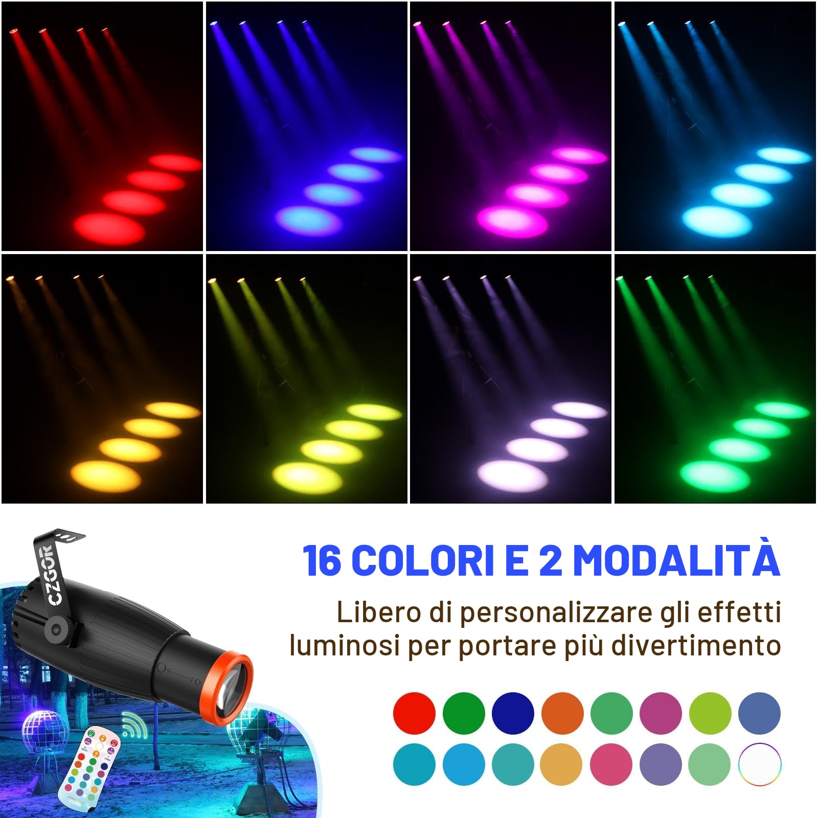 Pinspot LED Luce, Czgor 18W RGBW 4 in 1 Luci Spot con telecomando, Fuoco Manuale Palla Disco Spotlight, Super Luminoso con Colonna Guida Luce, Palcoscenico Illuminazione per Disco Party