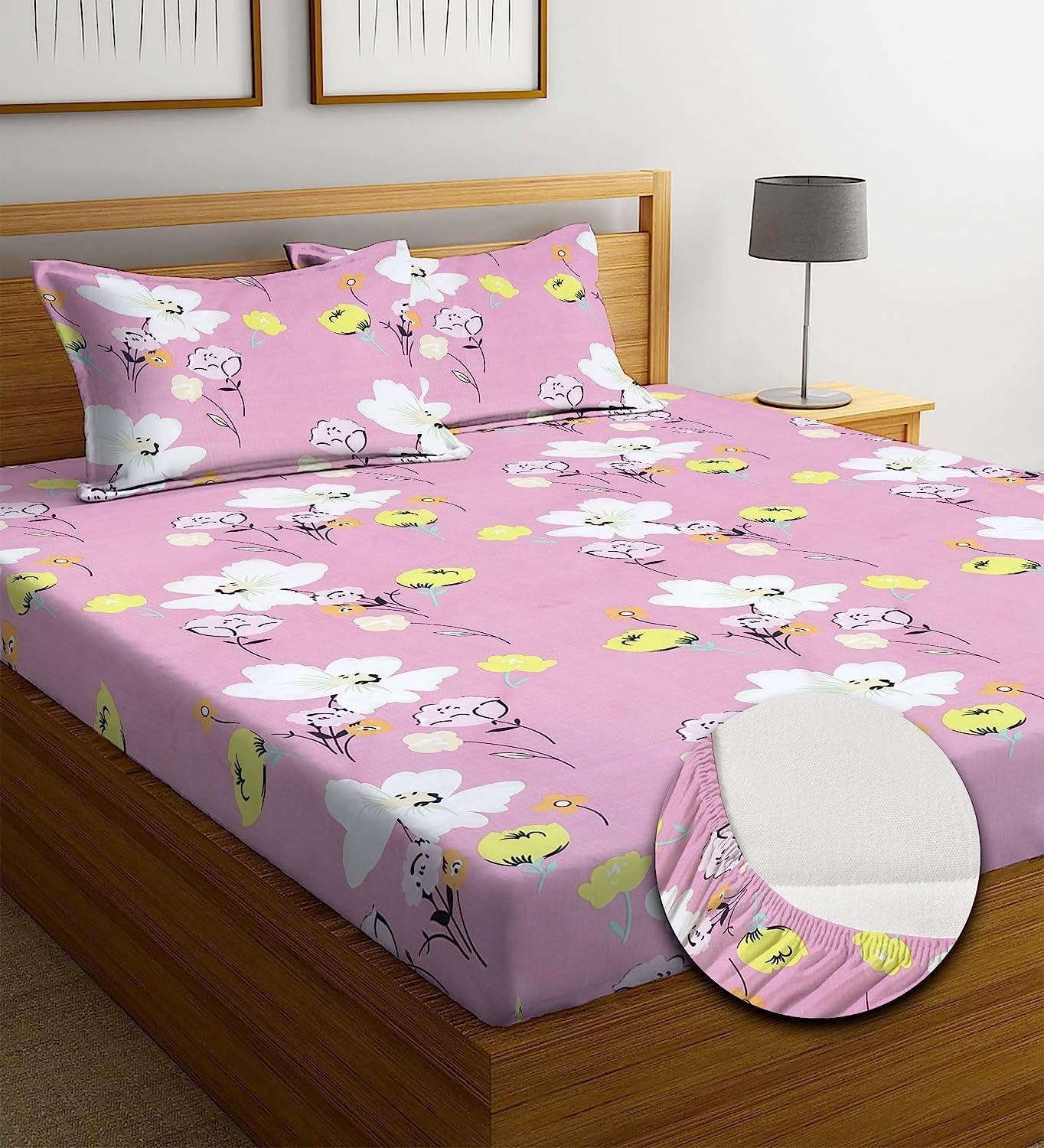 SHOMES Elastic Fitted Bedsheets with 2 King Size Pillow Covers | Double Bed with All Around Elastic, Size 72 x 78 x 8 Inches (PinkLeaf)