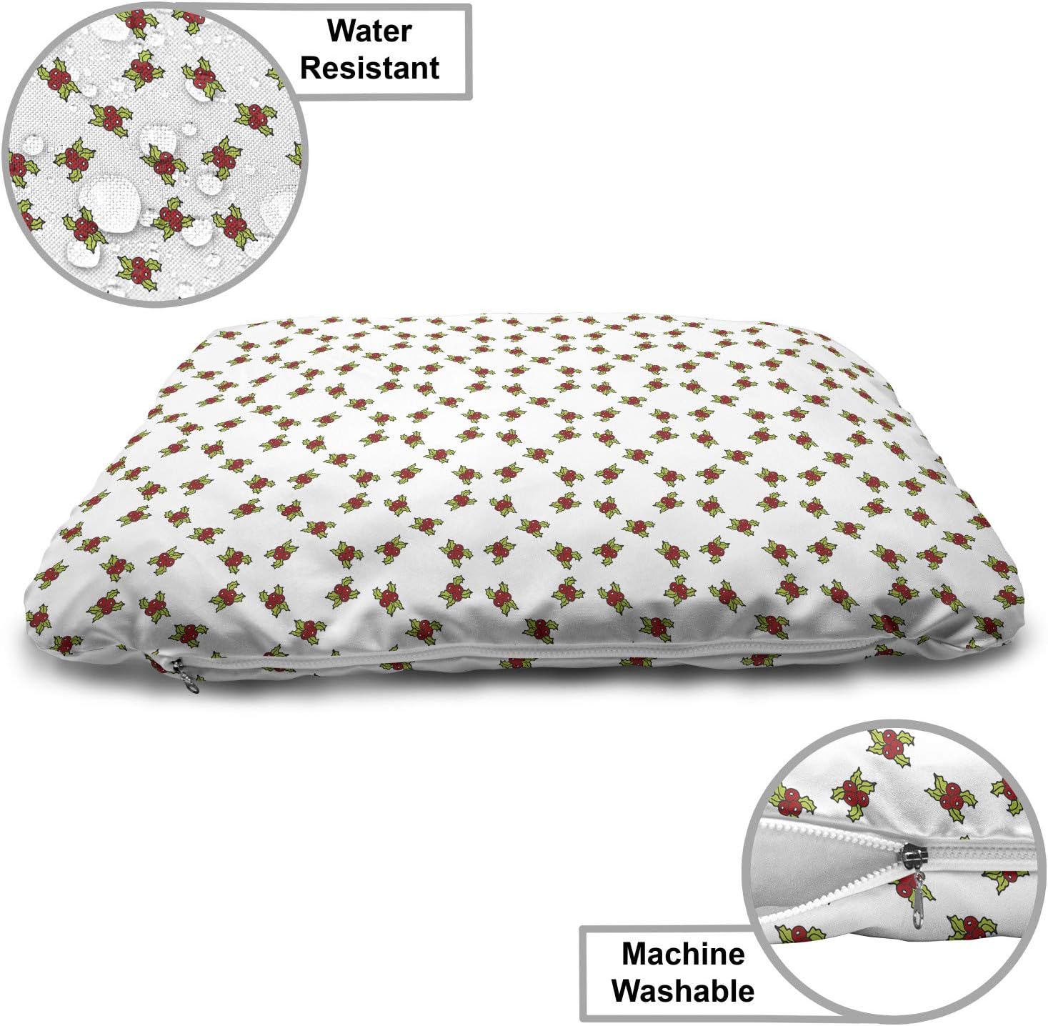 review Lunarable Green Xmas Pet Bed, Holidays Simplistic Berries Motifs Print on Plain Backdrop, Chew Resistant Pad for Dogs and Cats Cushion with Removable Cover, 24