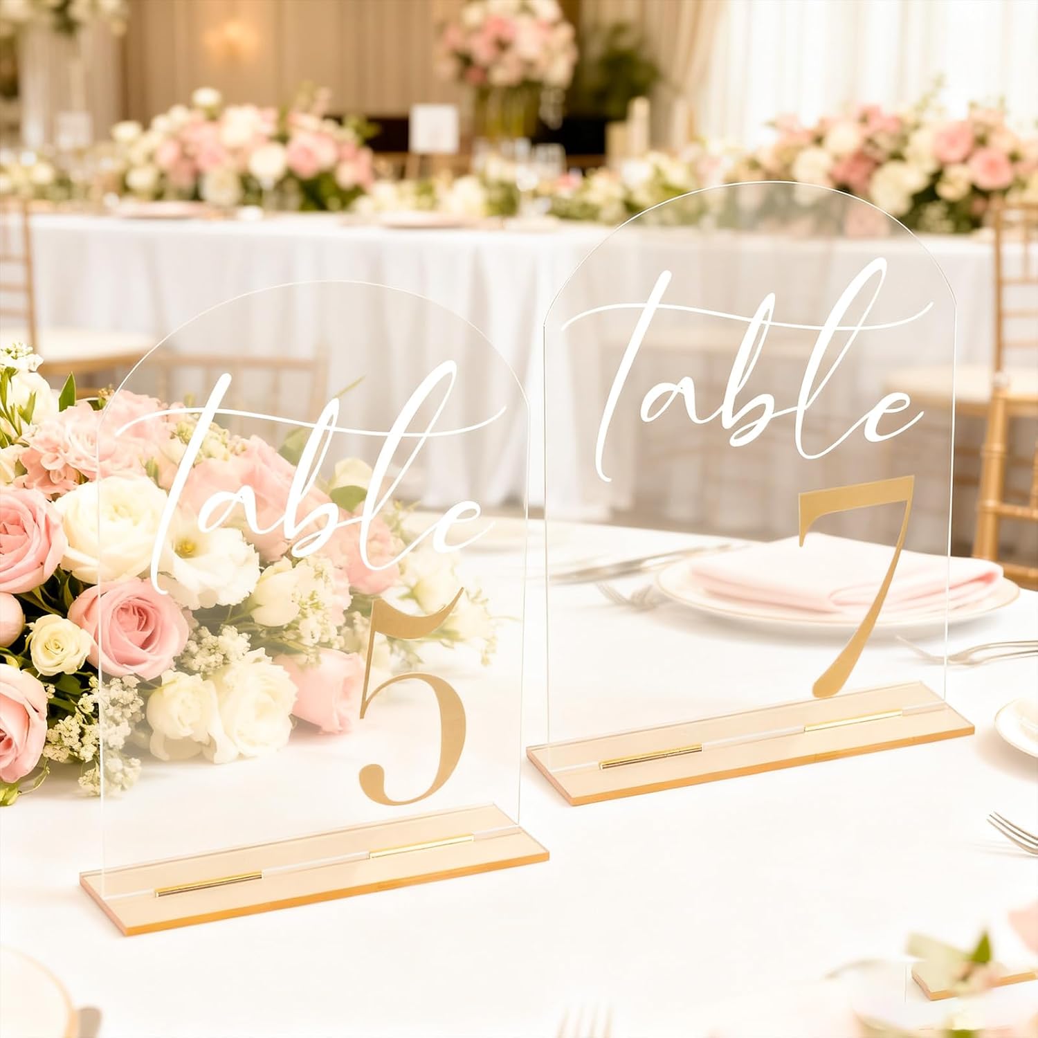 Wedding Table Numbers 1-15 with Stands, 5” x 7” Elegant Acrylic Display Signs with Golden Text, Great Table Numbers for Wedding Reception, Decoration, Centerpiece, Party, Anniversary and Event