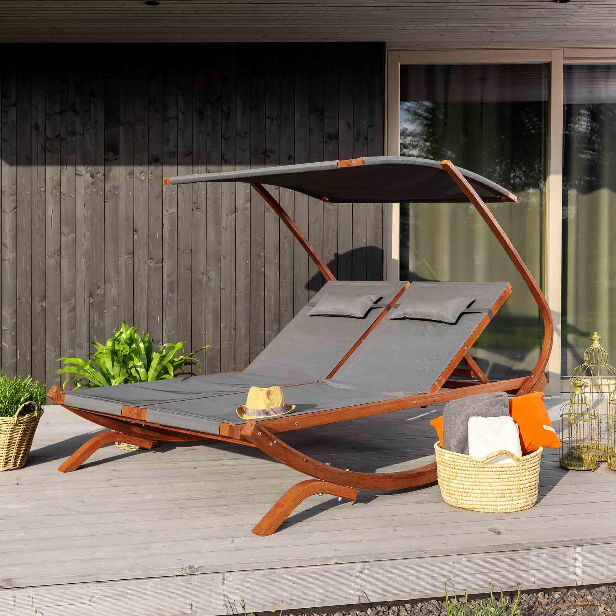 di volio Doppelliege aus Lärchenholz mit Dach für 2 Personen Outdoor Pionza | 280 kg belastbar, getrennt verstellbare Rückenlehnen, Sonnendach, Kopfkissen, Teslin-Gewebe, Terrasse, Garten, Pool