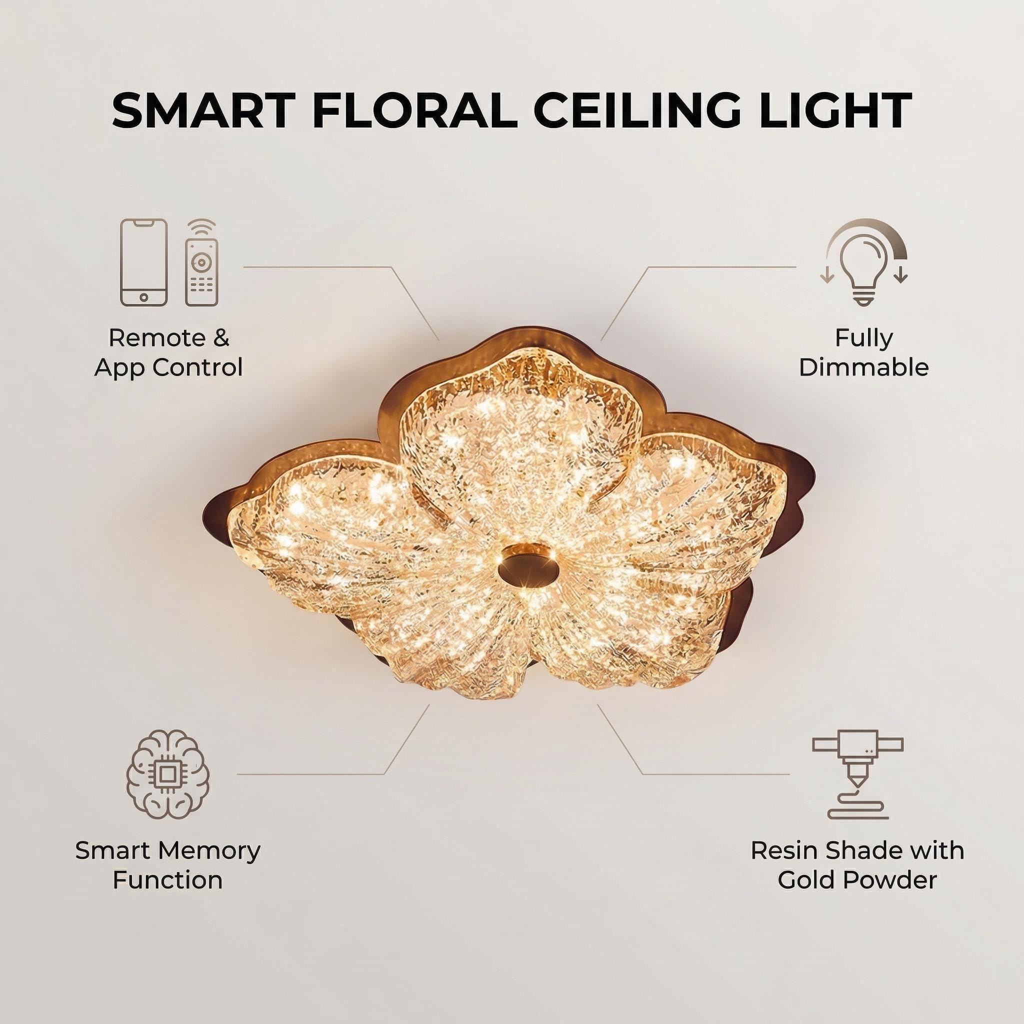 Lámpara de techo LED de resina dorada, 72 W, regulable con mando a distancia, luz de techo para salón y dormitorio (40 cm)