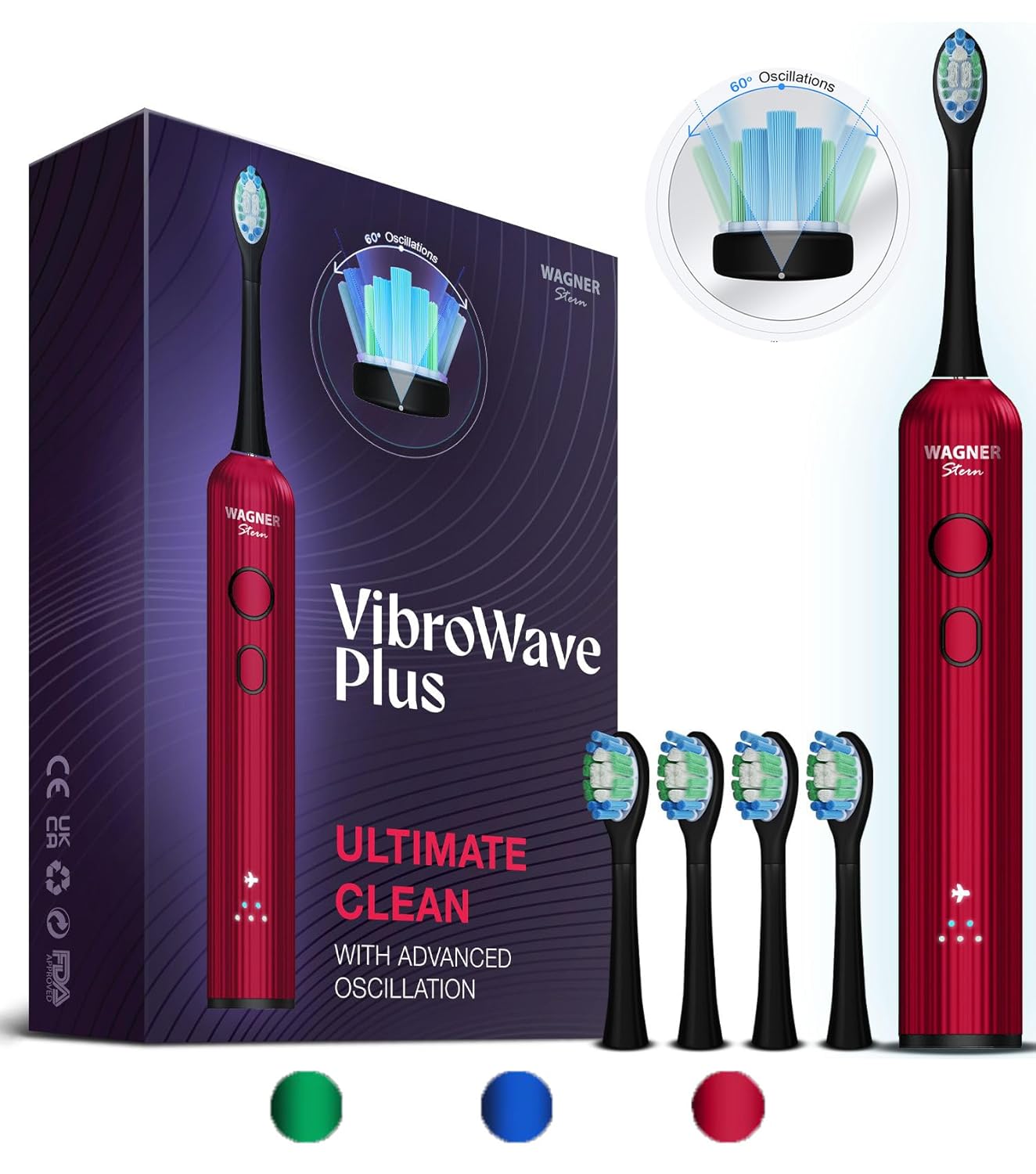 Wagner Stern VibroWave Plus Oscillation Vibration Sonic Electric Toothbrush with 4 Brush Heads IPX7 Waterproof