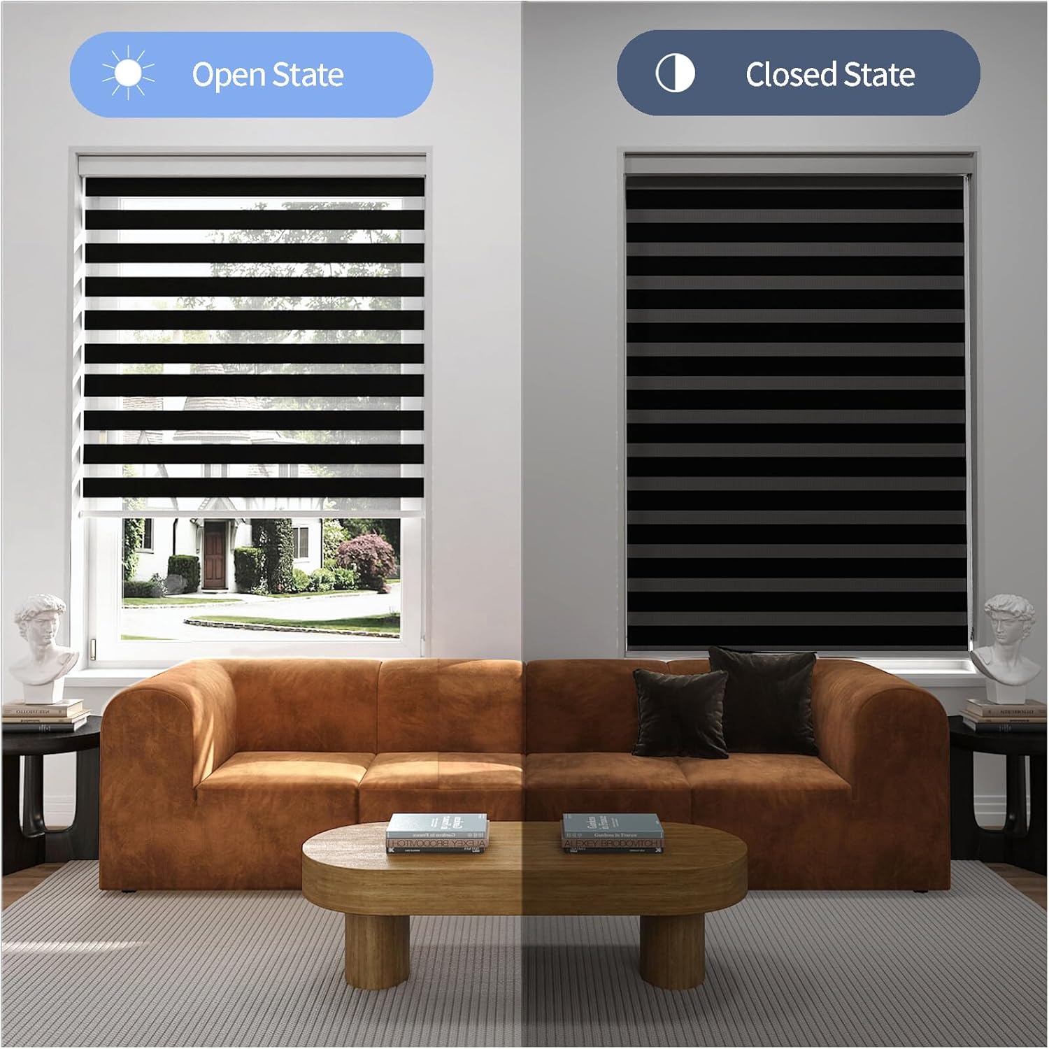 Zebra Blinds for Windows (52" W x 72" H, Black) Zebra Roller Window Shades, Corded Dual Layer Light Filtering Privacy for Day and Night, Light Control and Protecting Privacy for Home and Office