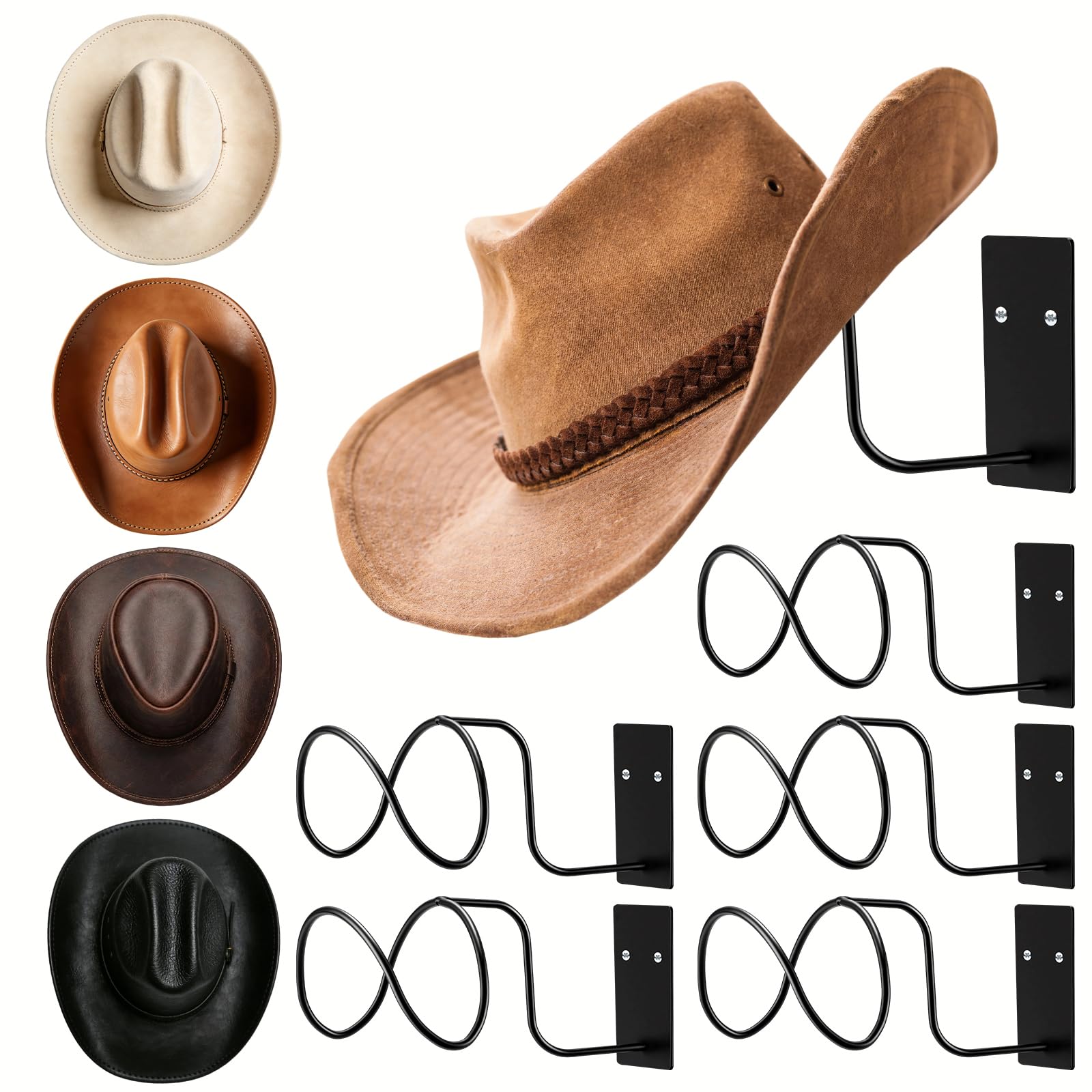 Photo 1 of ***MISSING 4 PARTS***Leezmark 6 Pack Cowboy Hat Rack for Wall, Hat Holder with Screws, Metal Hat Hook Hangers for Western Hat Storage, Space-Saving Hat Rack Wall Mount Organizer, Black