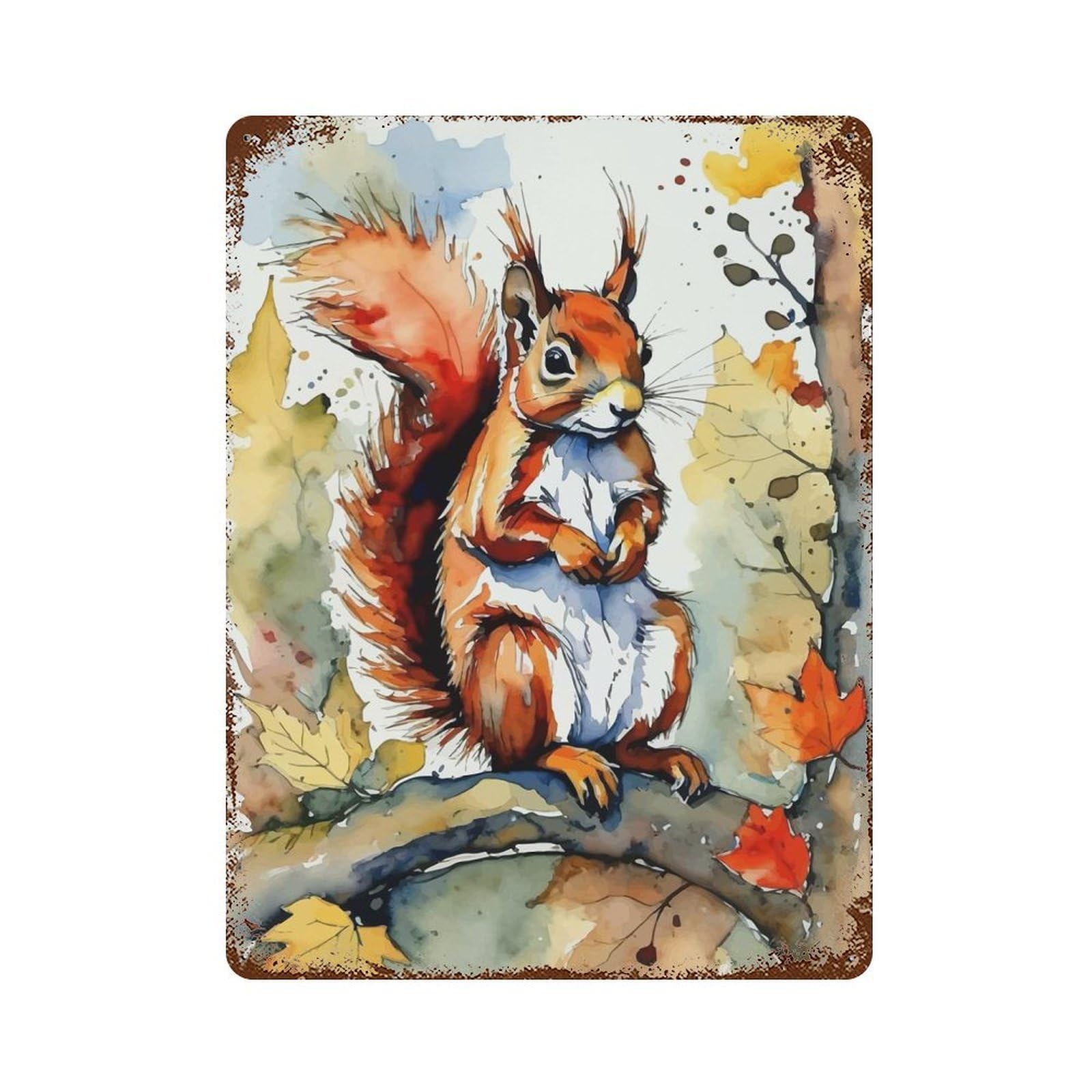 Red Squirrel Watercolor Painting Rusty Metal Tin Sign 15.7"x11.8", Industrial Home Decor for Garage, Pub Or Kitchen