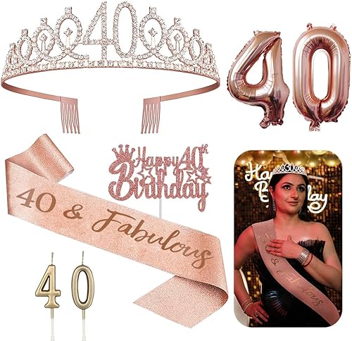 40th Birthday Decorations for Her - 5pcs Gifts Including 40th Tiara Crown, Sash, Cake Toppers, Balloons, Birthday Candles, 40 Birthday Gifts for