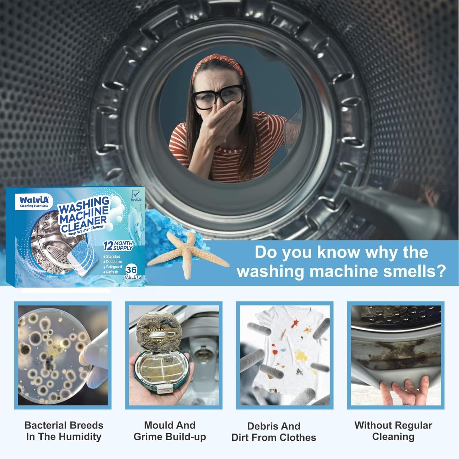 Washing Machine Cleaning Tablets | Deep Cleaning & Descaling for Front & Top Load Washers | Removes Odor | Residue & Limescale | Easy to Use Effervescent Tablets | Improve Hygiene | 36 Pcs - Image 2 thumbnail