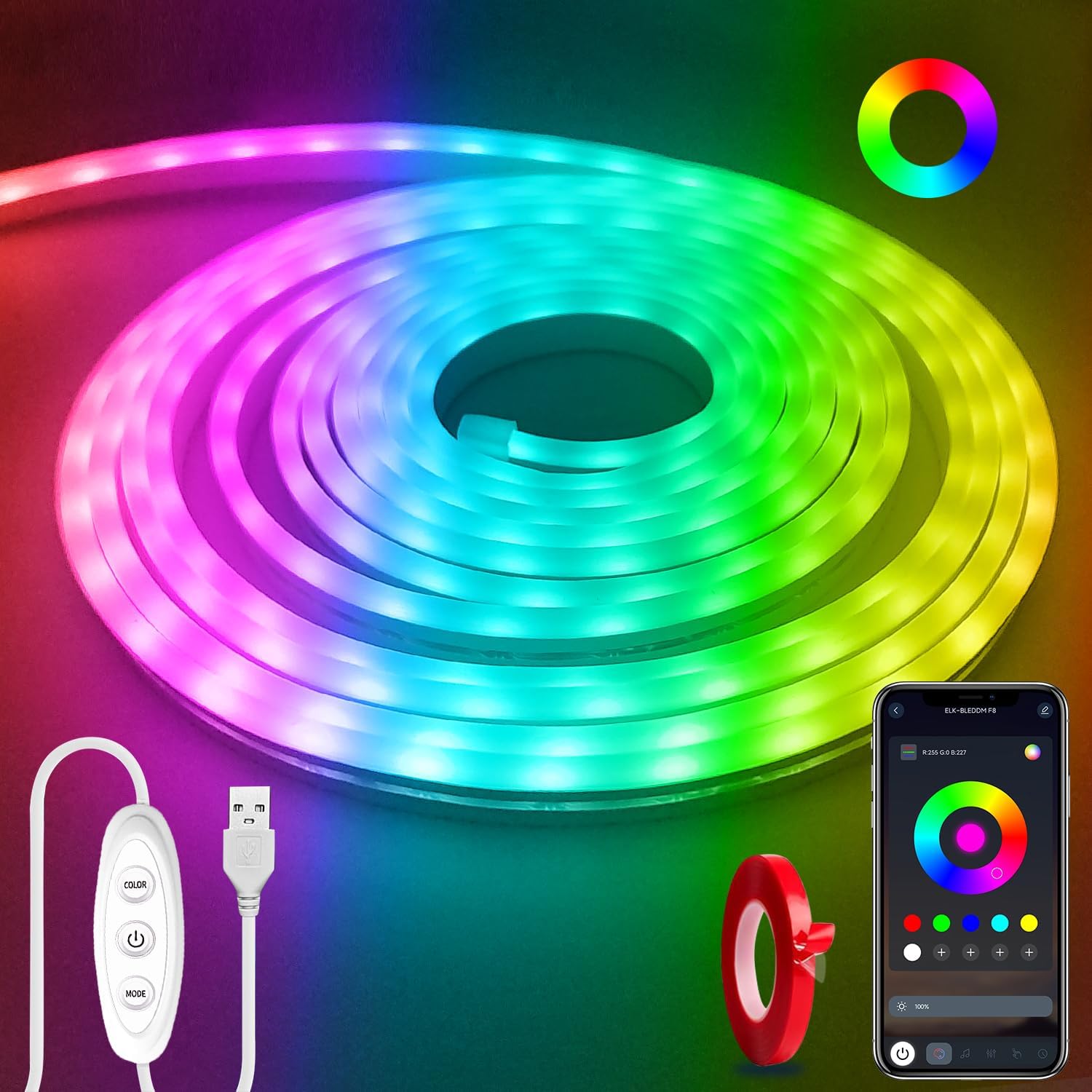 Neon Rope Lights?16.4ft RGB LED Strip Lights with Remote and App Control,Music Sync Flexible DIY Design,5V USB Powered Neon Lights for Bedroom, Living Room,Gaming,and Party Decoration