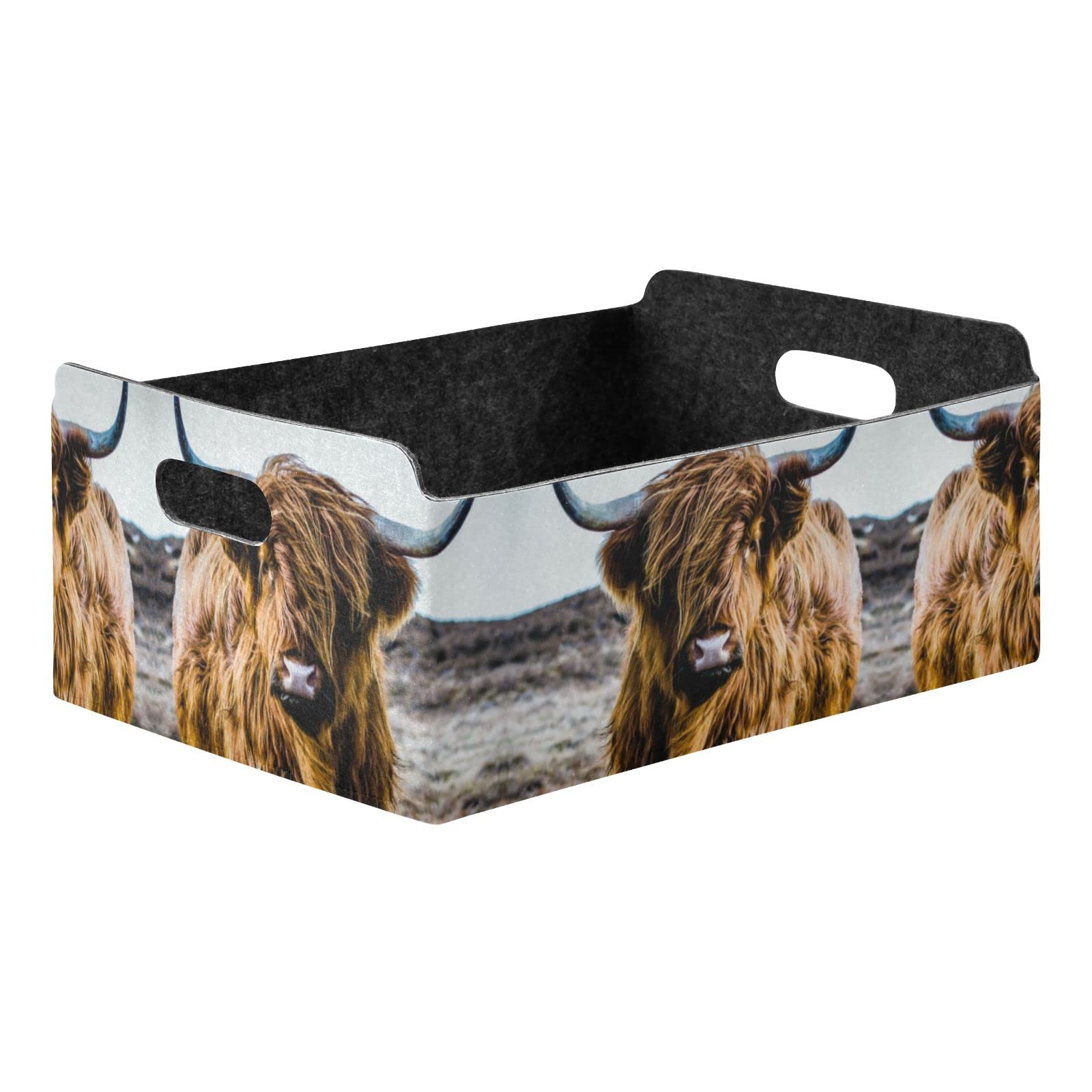 Poeticcity Earth-Yellow Scottish Highland Cow Vintage Style Collapsible Felt Cloth Storage Box, Rectangular Desk Organizer Basket Bin, Detachable Laundry Hamper Plate Counter Holder Box