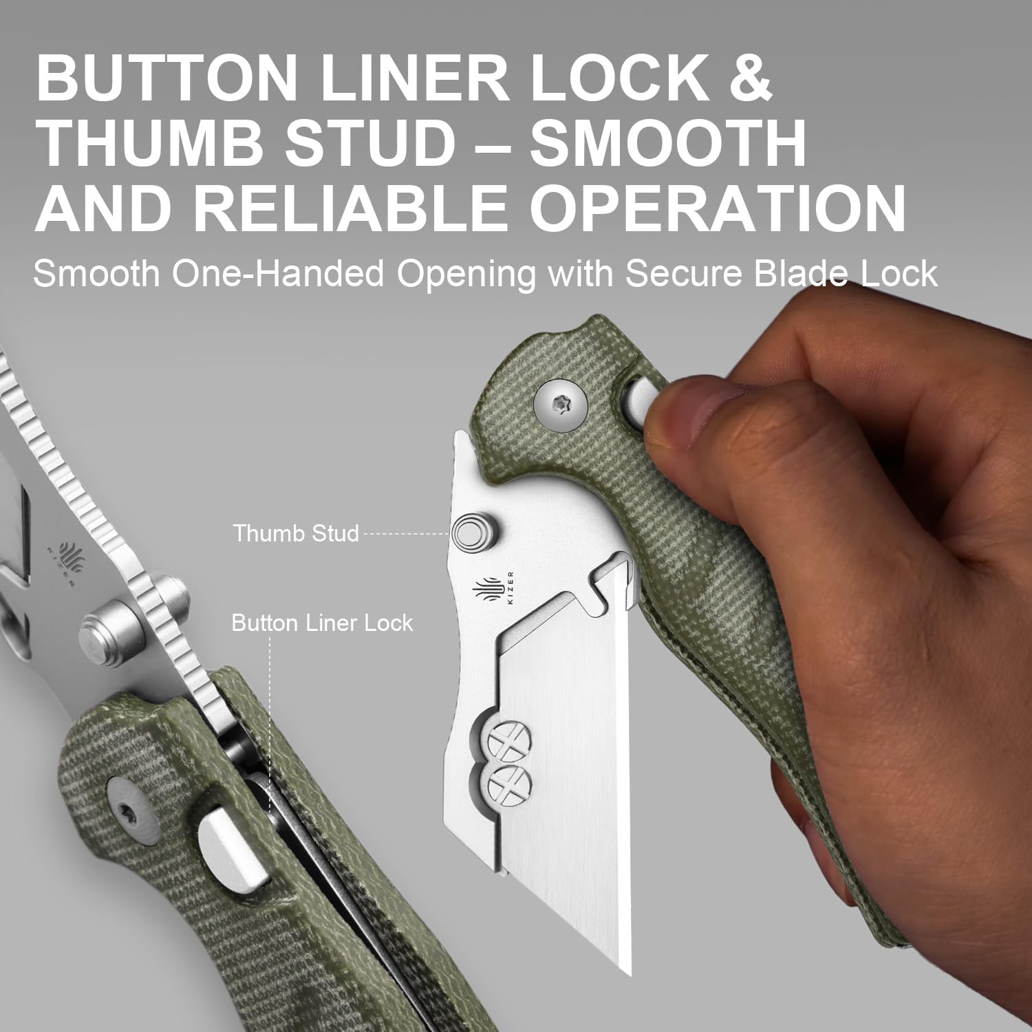 Kizer C01C Uti 1 (Dual-screw Version) Utility Knife, Button Liner Lock Box Cutter EDC Pocket Knife with 5PCS Razor Blades, Green Micarta Handle Small Folding Knives for Men Women, V3488.29JSM1