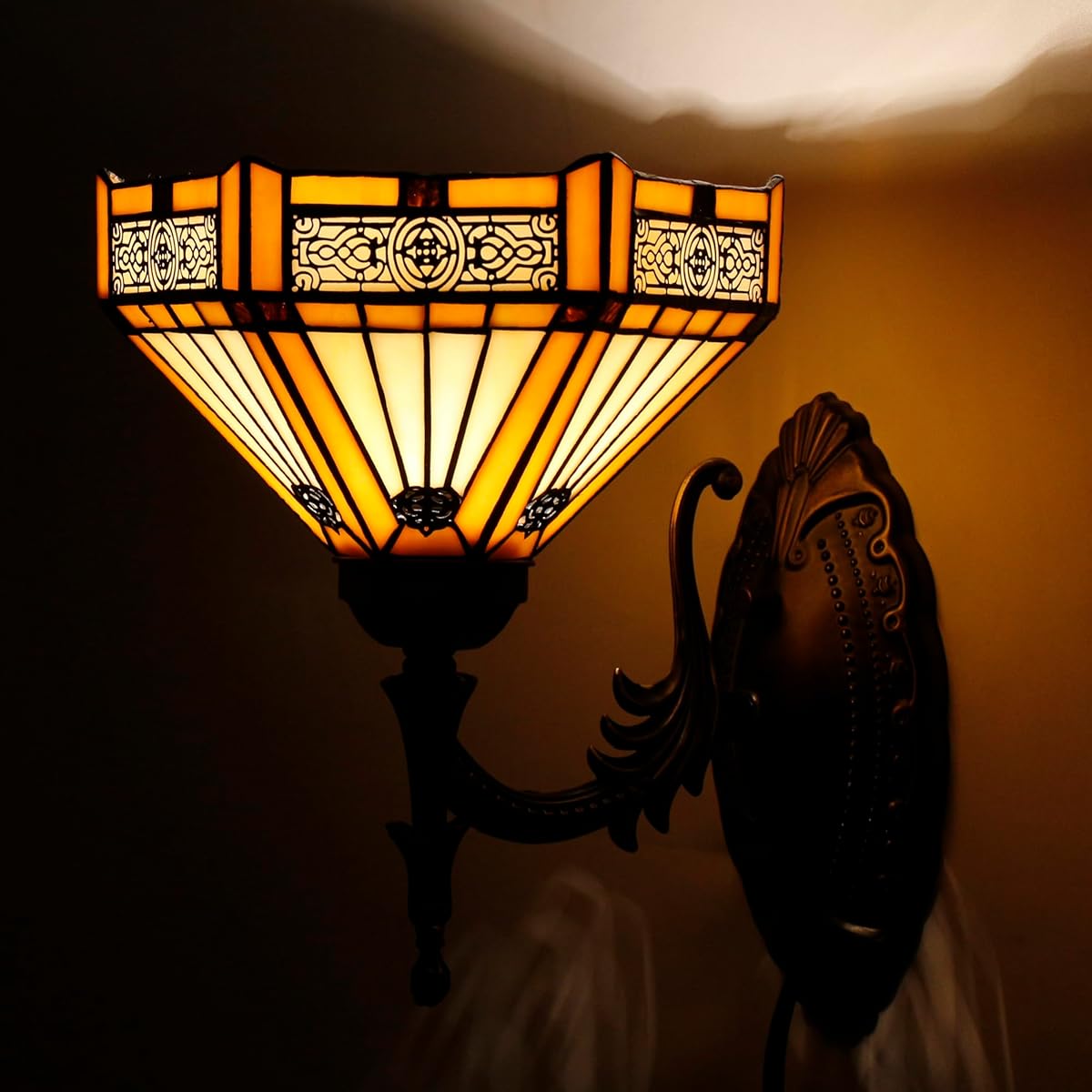 Tiffany Wall Sconce Lamp Stained Glass 8X10.5X11 Inch Plug in Wall Bedside Light for Hallway Bedroom (Yellow Hexagon Mission Style)