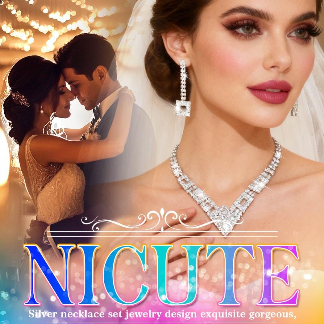 Nicute Rhinestone Bride Wedding Jewelry Set Bridal Necklace Bracelet Earrings Set Prom Costume Jewelry for Women - Image 2