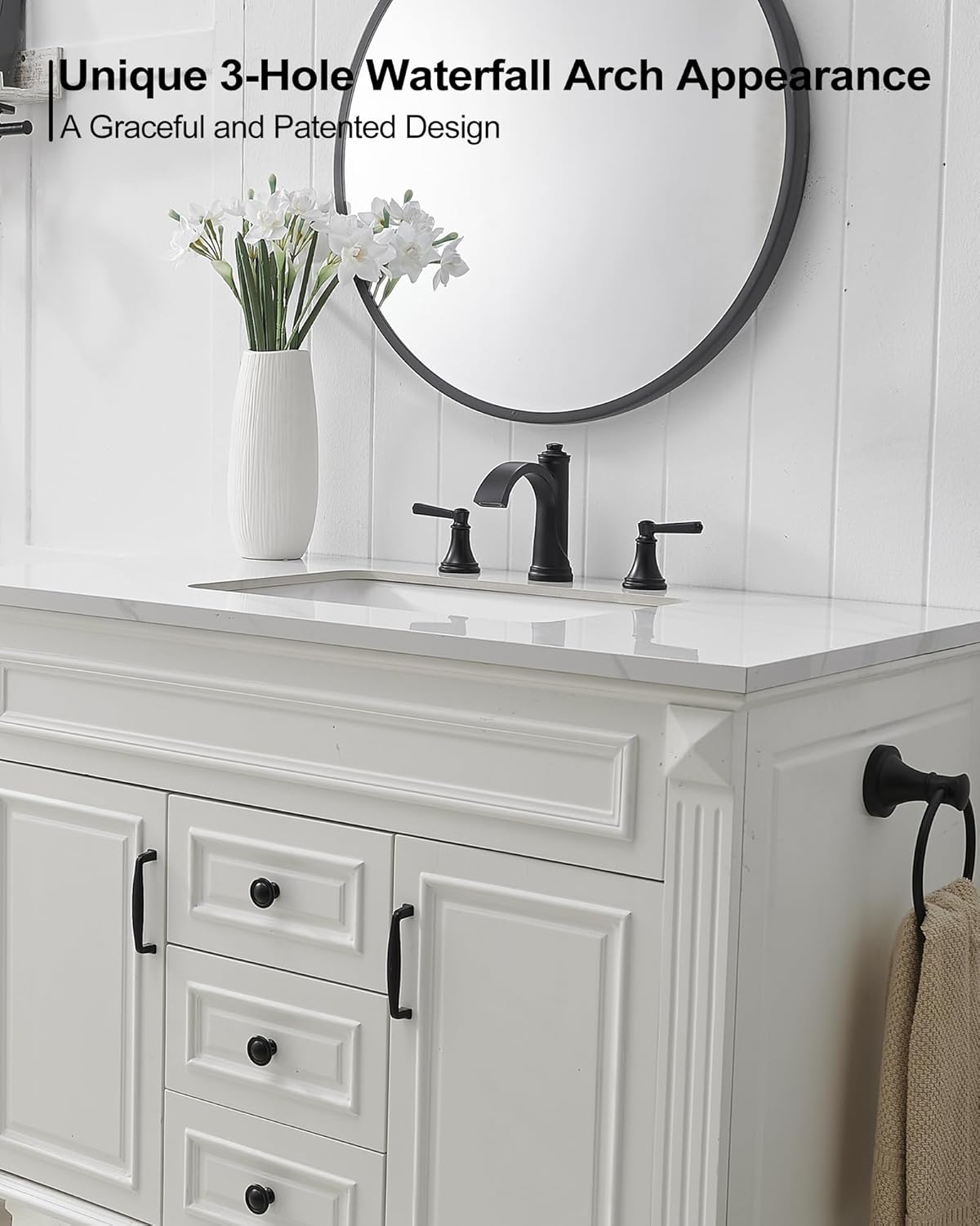 Matte Black Bathroom Faucet 3 Hole, Brass Bathroom Waterfall Faucet, 4-16 Inch Bathroom Sink Faucets, 2 Handle Widespread Faucet for Bathroom Sink with Water Supply Hoses, Pop-Up Drain