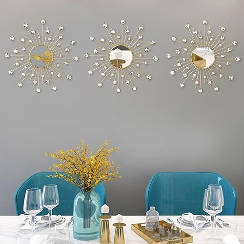Miniatura 7 de Uaussi - Juego de 3 espejos de cristal con diseño de rayos de sol para pared, espejos con strass decorativos para el hogar, obra de arte para pared