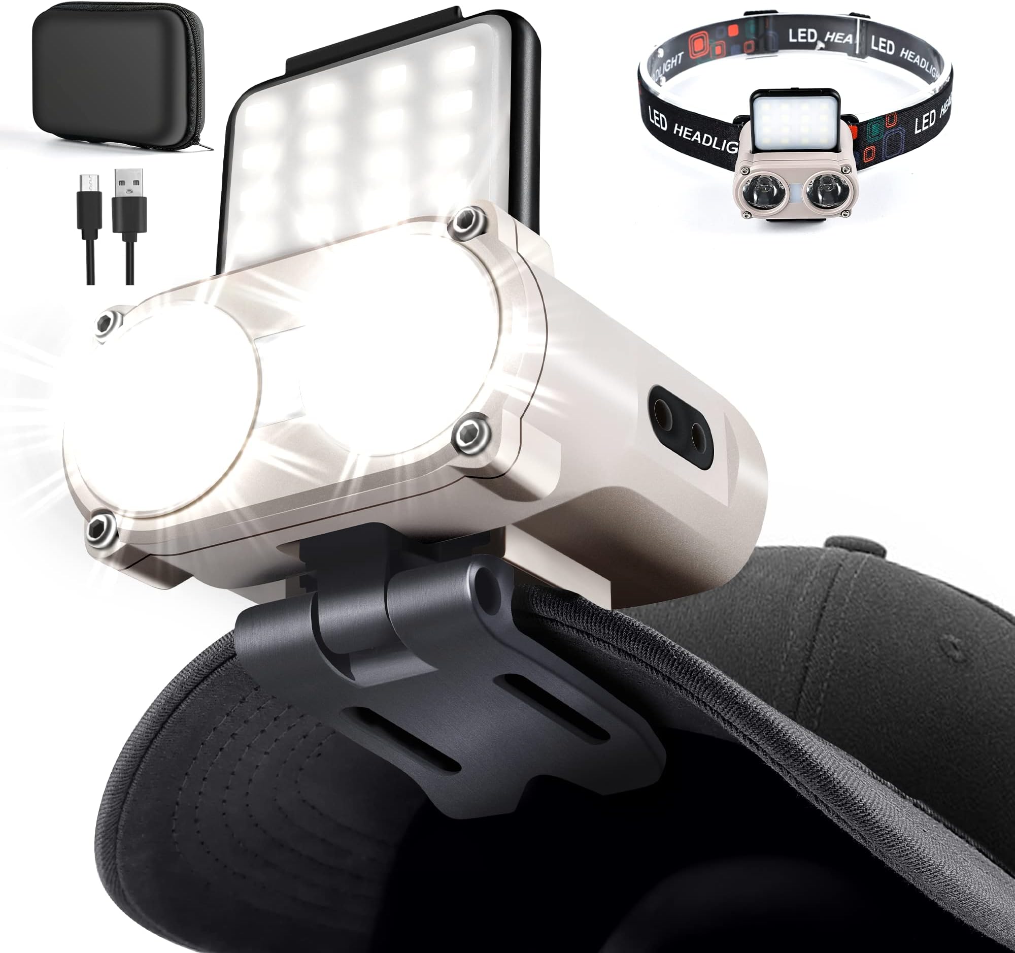 LED Hard Hat Light, 800Lumens Rechargeable Dimmable Clip on Cap Lights, 180°Adjustable Hat Flashlight Headlamp Waterproof for Running, Camping, Hunting, Cycling, Emergency