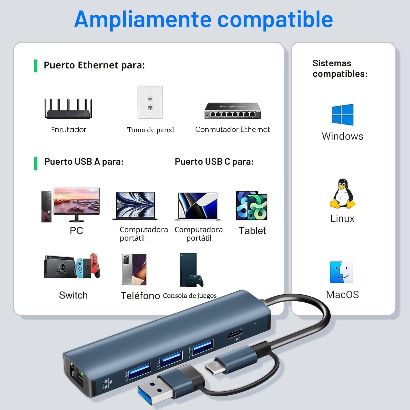 Loydia 5 en 1 USBC Hub Ethernet, Adaptador de Red Tipo C a Gigabit LAN 3 USB 3.0, Compatible con Mac/Linux/Win 11/10/8