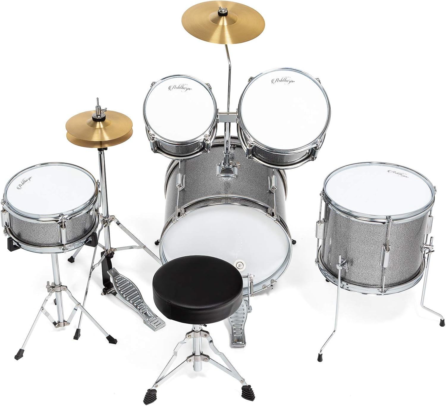 Ashthorpe 5-Piece Complete Junior Drum Set with Genuine Brass Cymbals - Advanced Beginner Kit with 16" Bass, Adjustable Throne, Cymbals, Hi-Hats, Pedals & Drumsticks - Silver