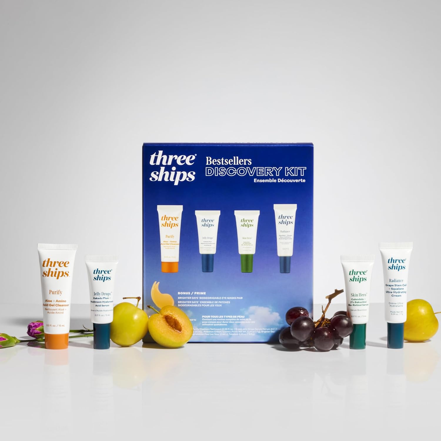 Three Ships - Discovery Beauty Skincare Kit | Purify Gel Cleanser (10mL), Jelly Drops Serum (5mL), Skin Hero Serum (5mL), Radiance Hydrating Cream (7g)