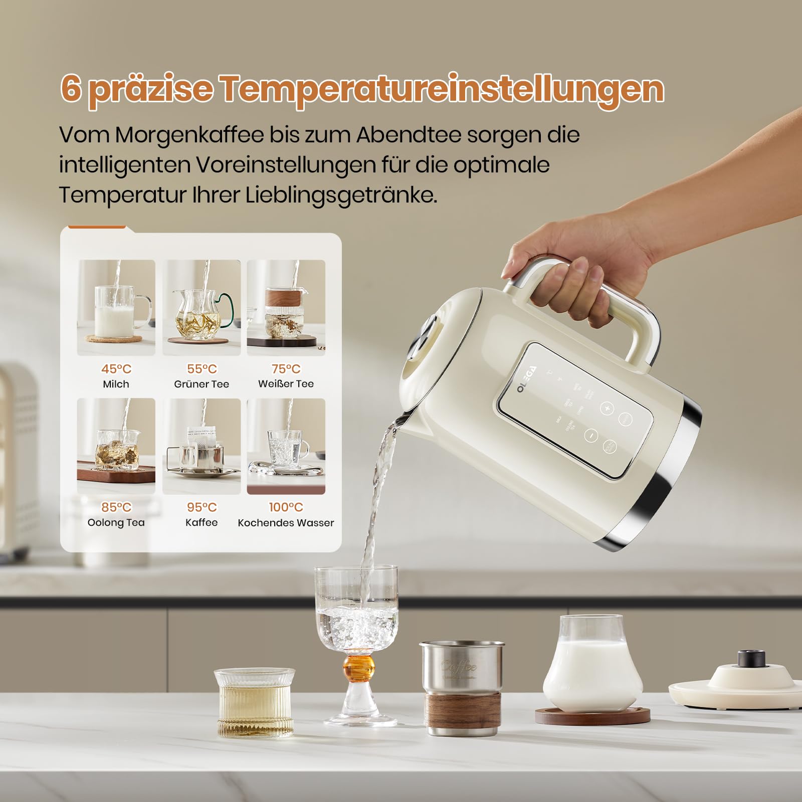 OLEGA Wasserkocher: 1800 W Wasserkocher mit Temperaturregelung, 1,5 l Fassungsvermögen, Edelstahl, Smart Kettle, ideal für Kaffee und Tee, Beige