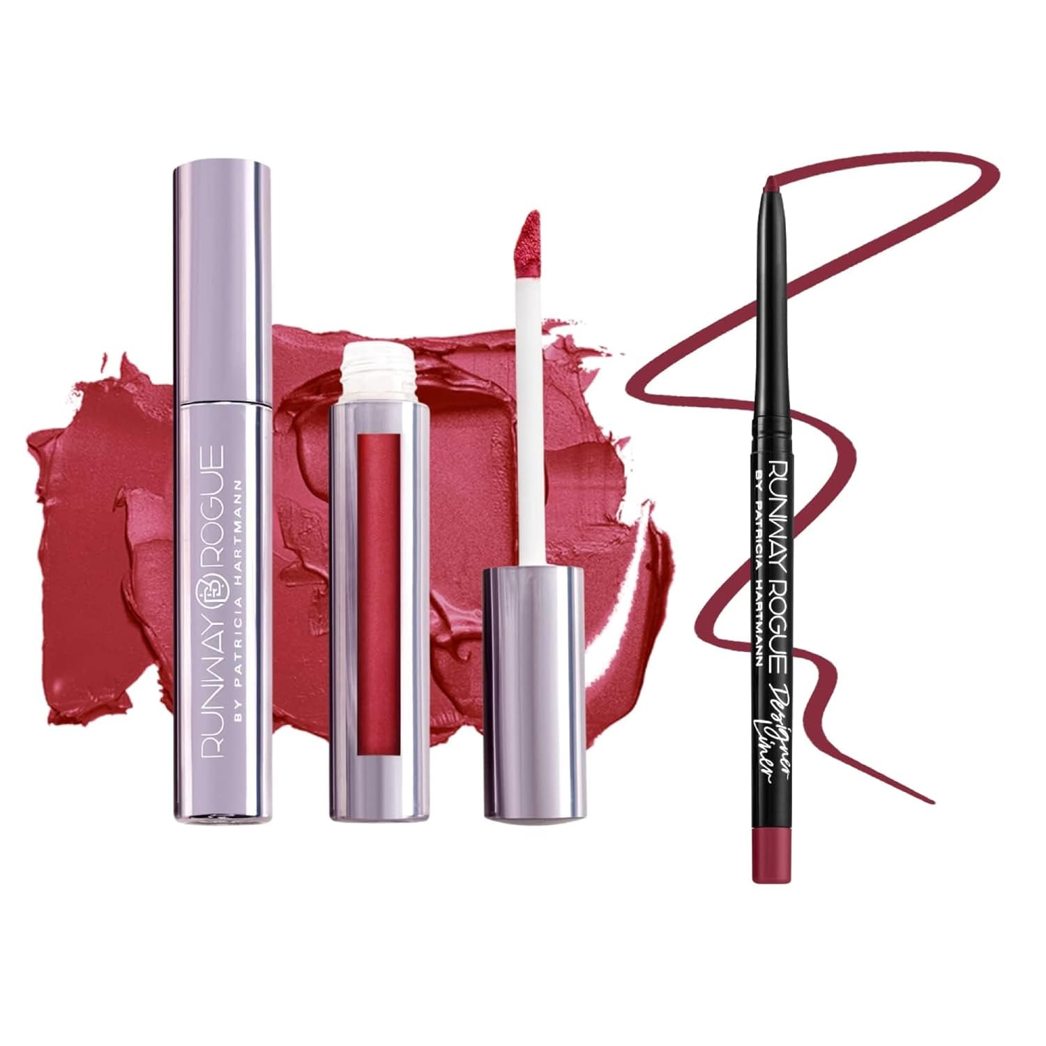Runway Rogue ‘Cocktail Hour’ Pomegranate-Red Silk Glam Long Wear Liquid Lipstick Bundle with ‘Get the Look’ Matte Garnet-Maroon Designer Liner Lip Liner