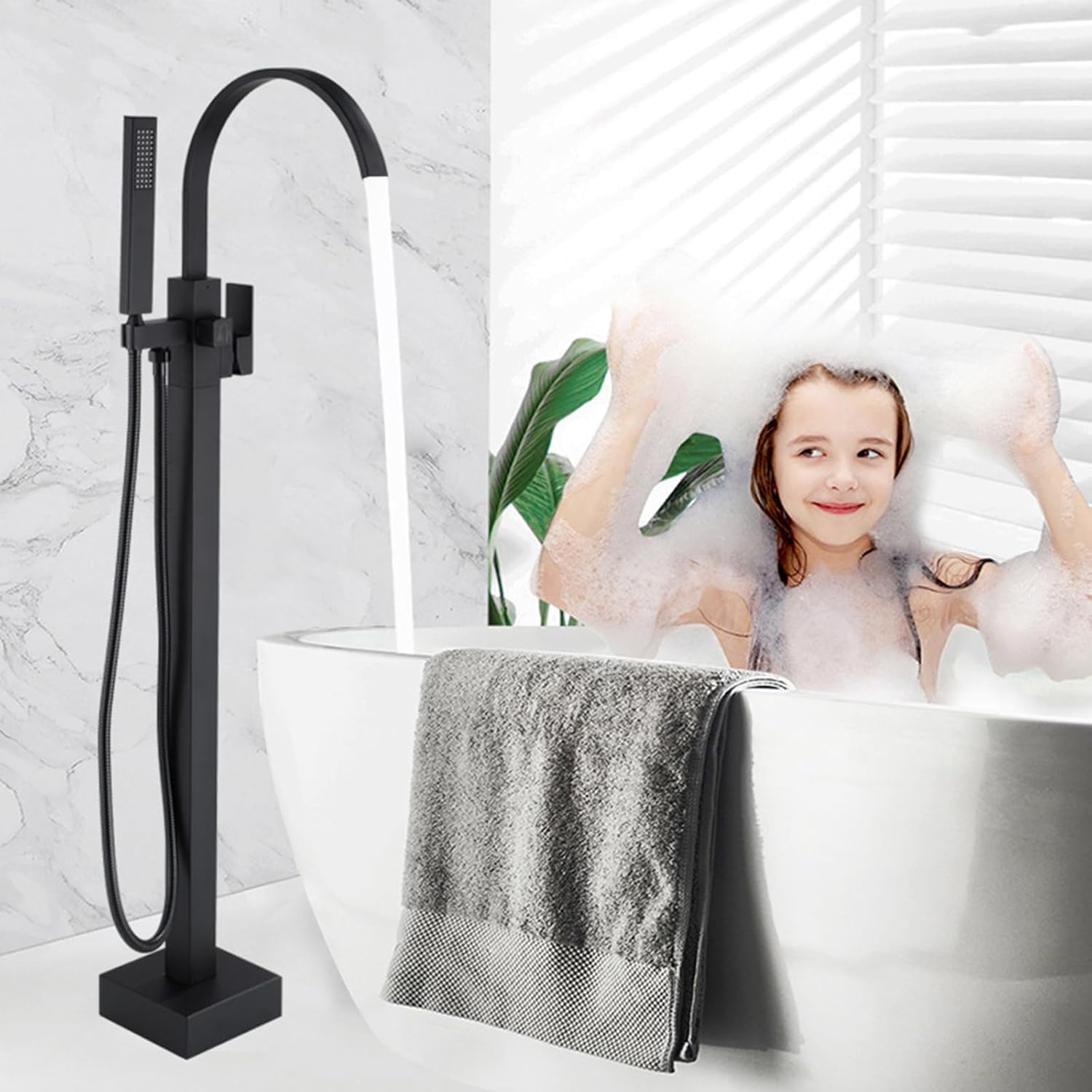KUNYOS Bathtub Faucet Waterfall 360° Rotatable Freestanding Bathtub Faucet for Hot and Cold Water with Hand Shower,Black