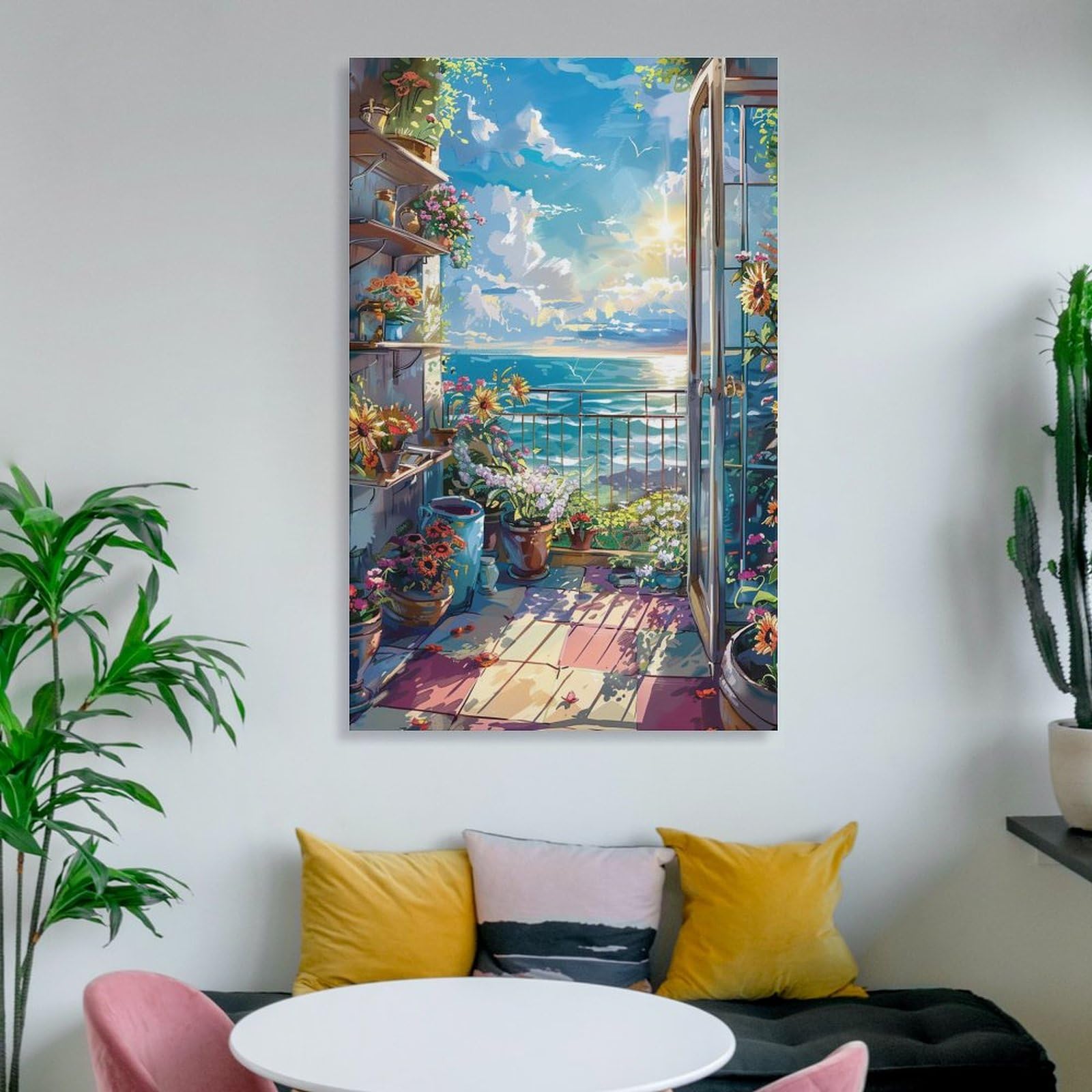 Amazon.co.jp: 絵画 部屋には花があり、ドアの外にはビーチの景色が