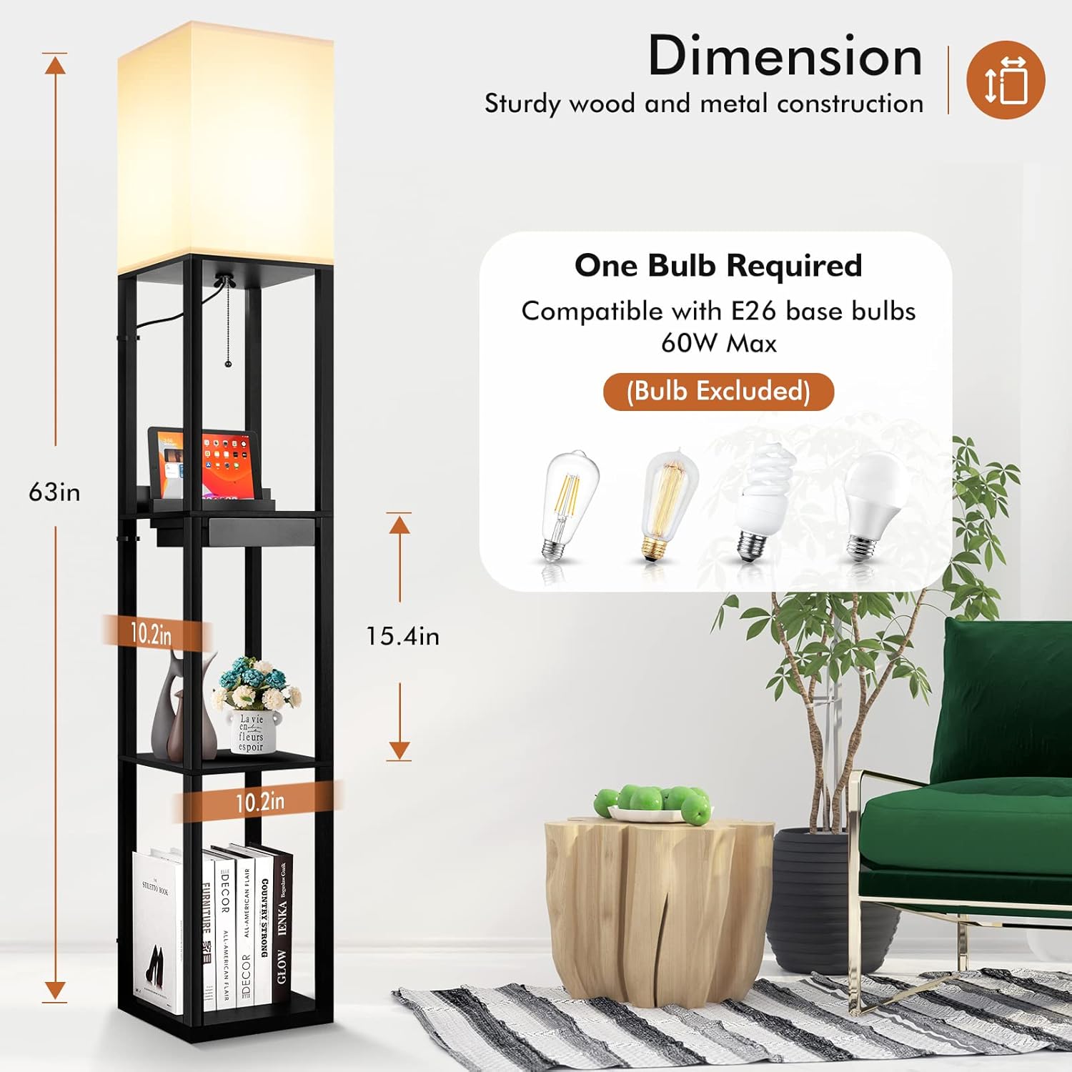BrightHome Floor Lamp with Shelves and Drawer, Standing Lamp with 2 USB Charging Ports and 1 Outlet, Modern Tall Storage Shelf Lamp, Bright Lighting for Living Room Bedroom Office, Solid Wood in Black