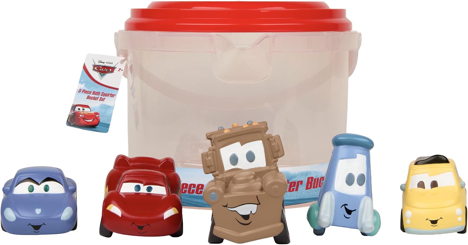 Disney Cars- 5 Piece Jumbo Squirter Bucket - Bath Toys for Baby and Toddlers - Includes Organizer Bucket - Store Bath Time Water Toys