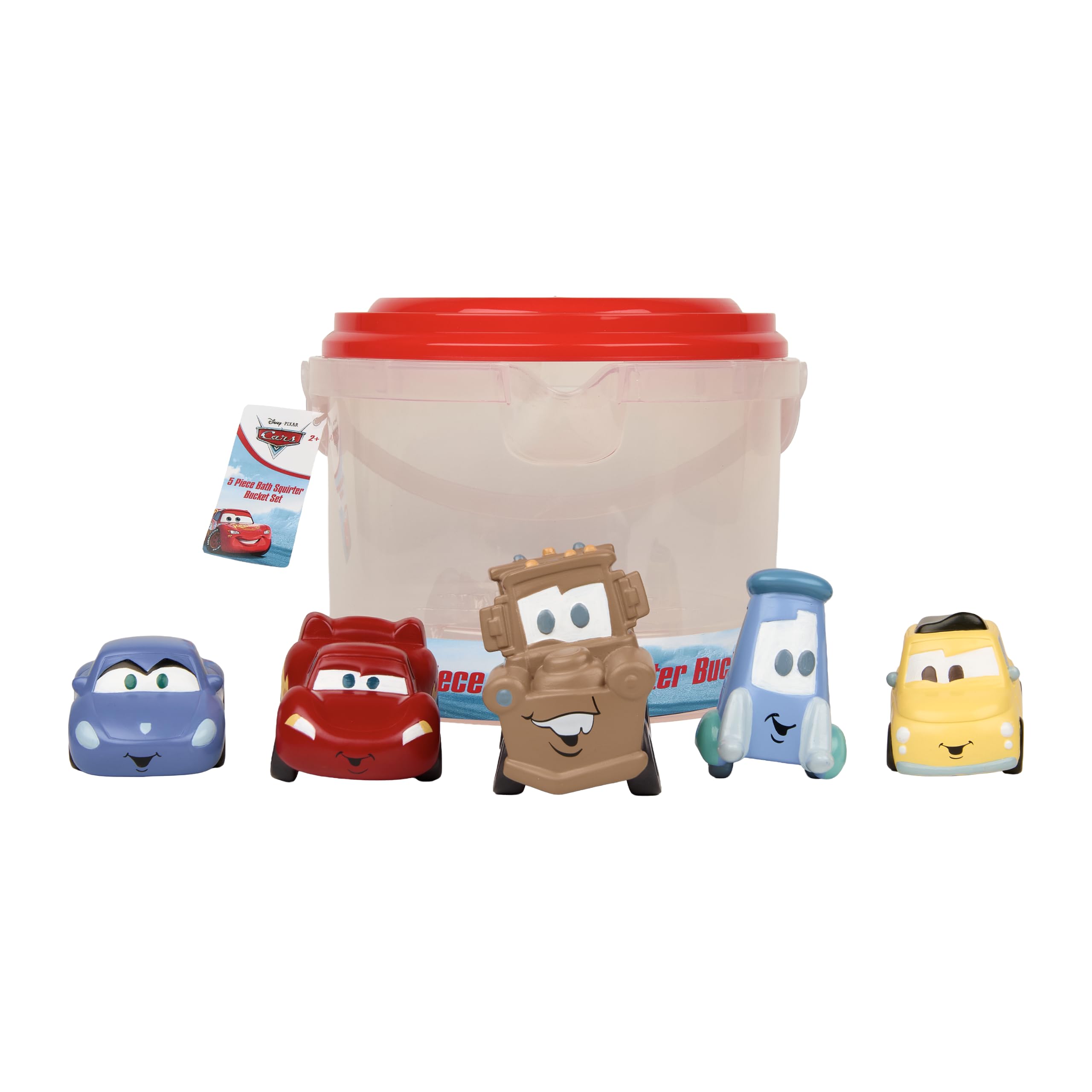 Disney Cars- 5 Piece Jumbo Squirter Bucket - Bath Toys for Baby and Toddlers - Includes Organizer Bucket - Store Bath Time Water Toys