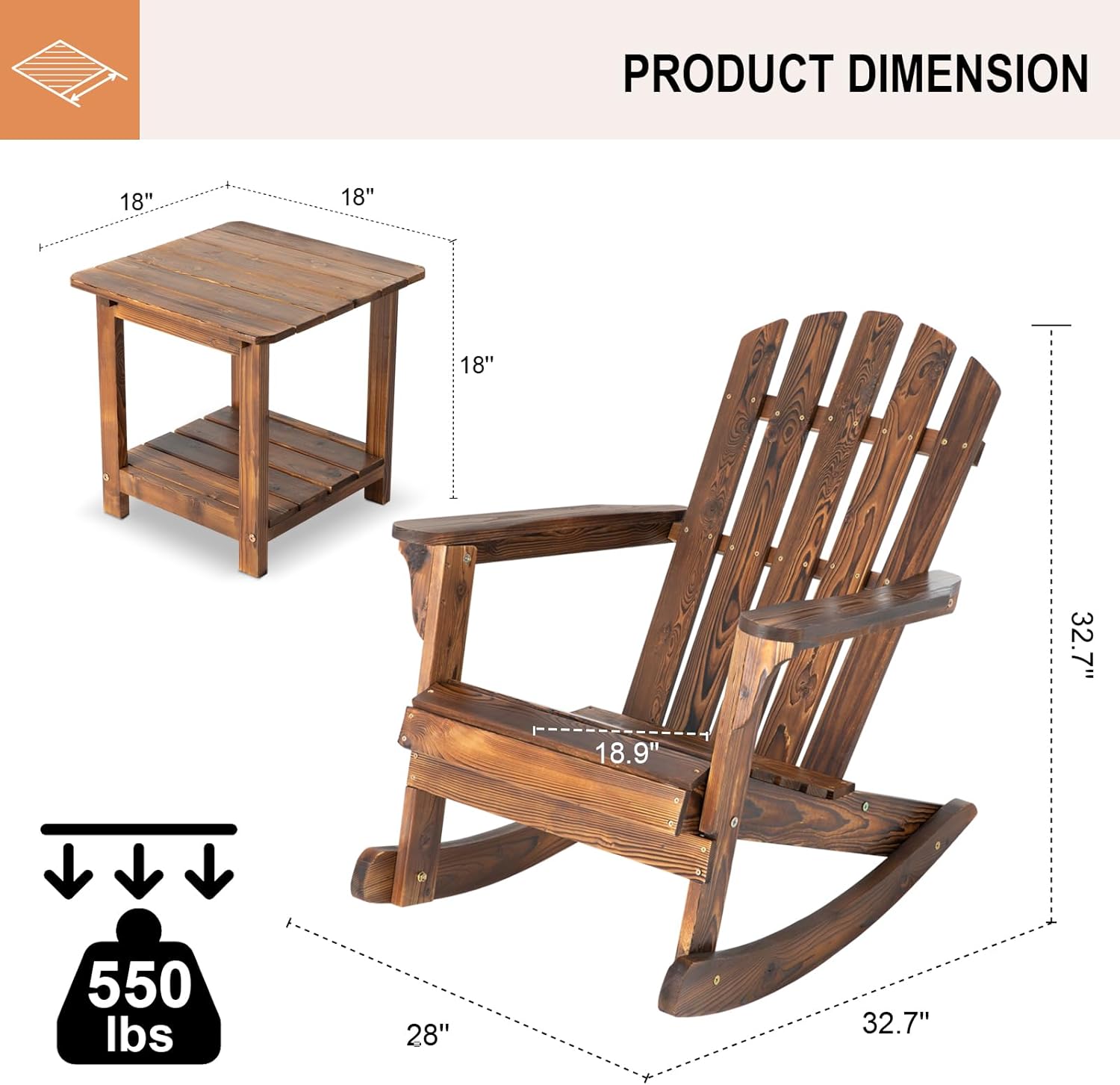 3 PCS Rocking Bistro Set - Patio Rocking Chair Set (2 Chairs + 1 Table), Rustic Adirondack Rocker Chairs & Side Table for Outdoor, Garden, Backyard (Brown)