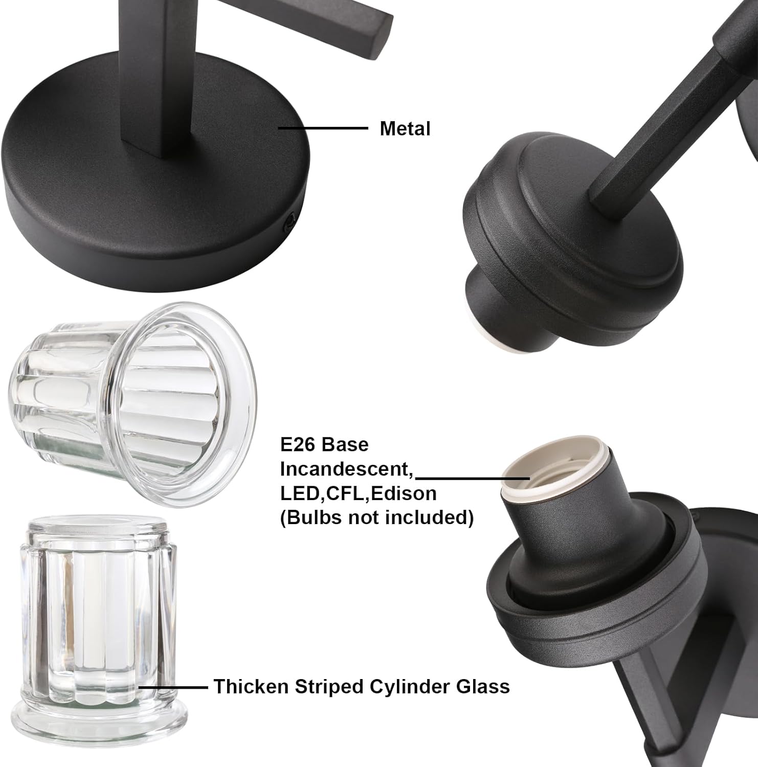 Yosoan Indoor Vintage Wall Sconce Set of 2, Modern Retro Vanity Industrial Hardwired Wall Mounted with Clear Transparent Striped Cup-Shaded Glass Shade for Living Room Bedroom Fireplace(Black)
