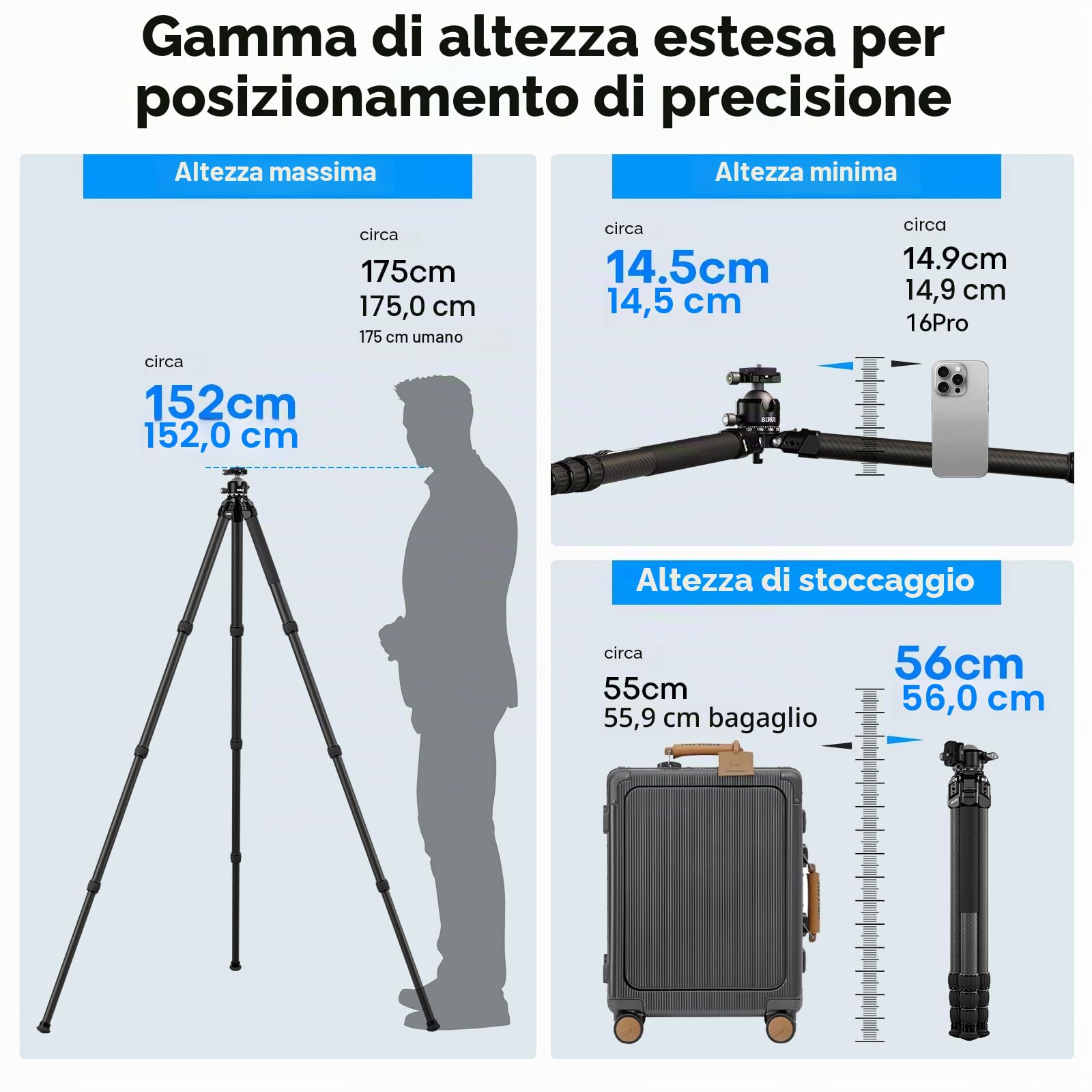 SIRUI Heavy-Duty Treppiede per Fotocamera in Fibra di Carbonio, 152CM Treppiede Professionale con 360° Testa a Sfera a Baricentro Basso, Leggero e Portatile, Carico Fino a 20KG, AM-324S+G1