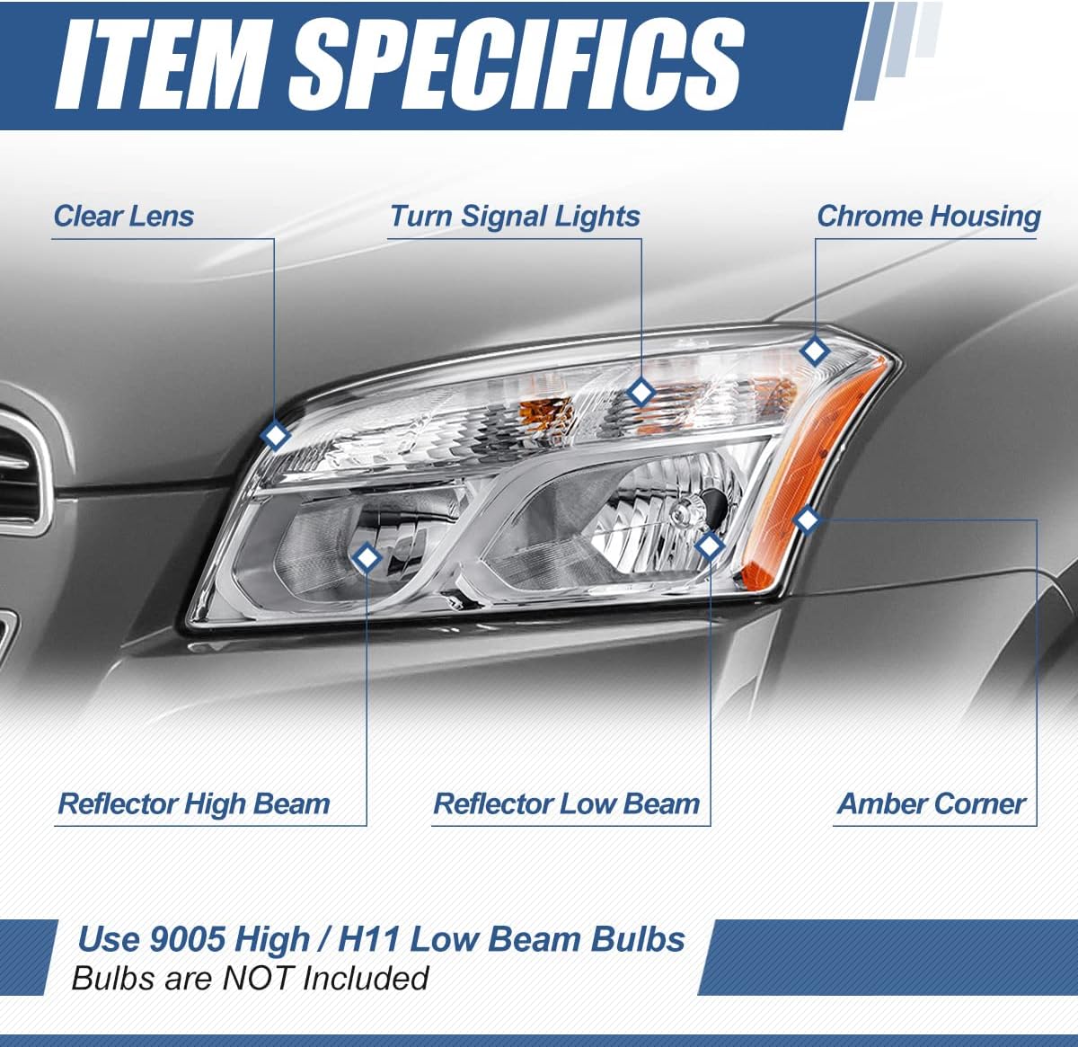 Auto Dynasty Factory Style Halogen Headlight Lamp Compatible with Chevrolet Trax 2015-2016, Driver Left Side, Chrome Housing Amber Corner