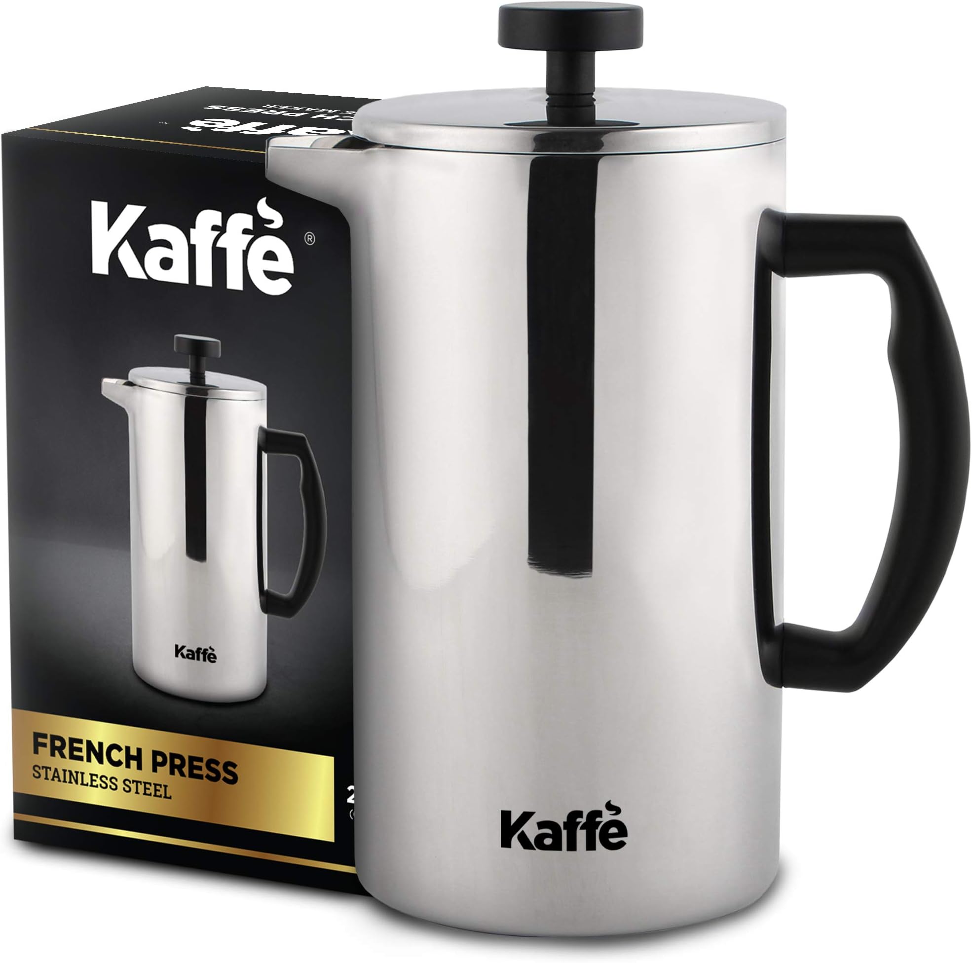 Kaffe Stainless Steel French Press Coffee Maker (27oz / 0.8L) - Double-Wall Insulated Coffee Press - Travel & Camping - Homemade French Press Coffee