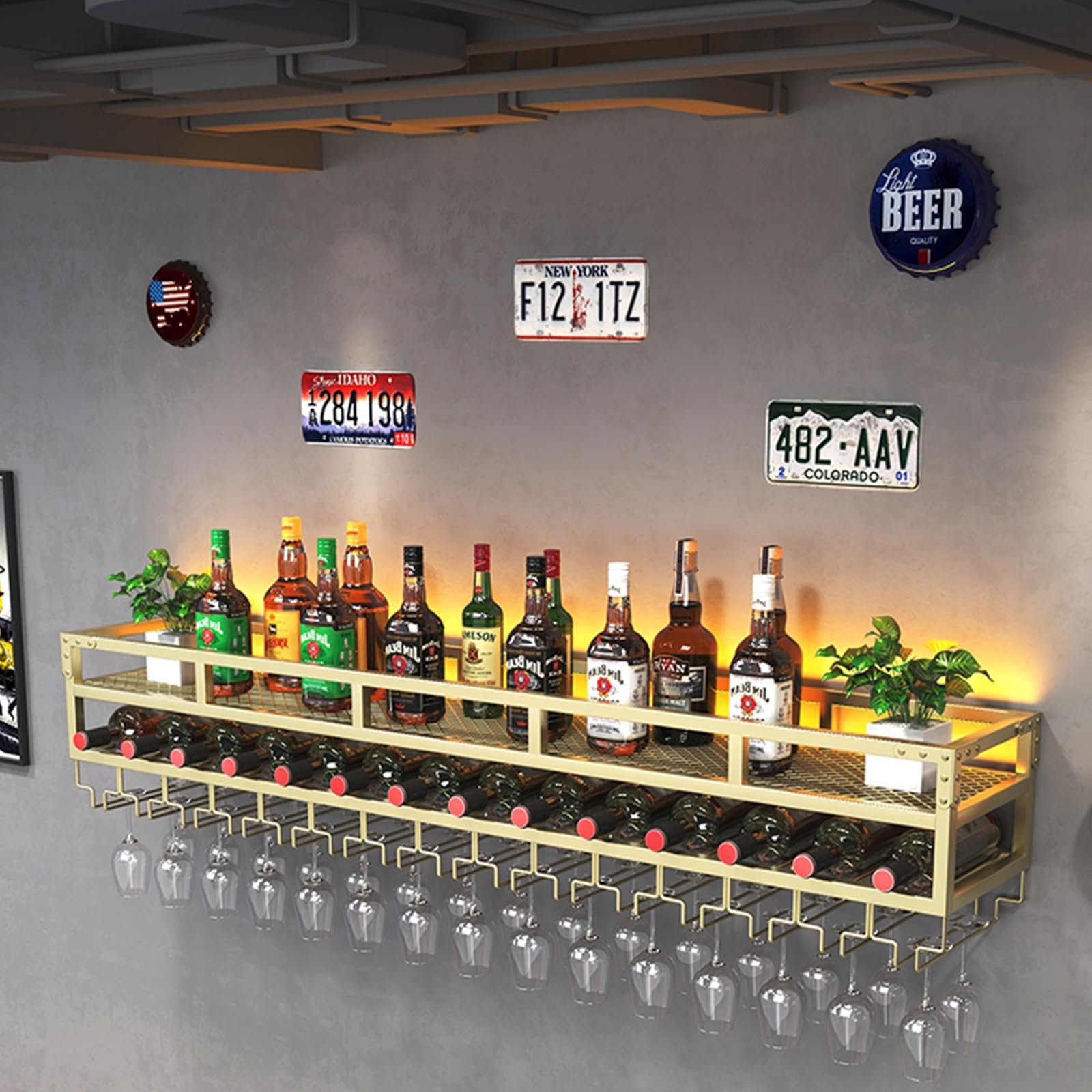 Étagères à vin murales double couche en métal noble avec éclairage LED design