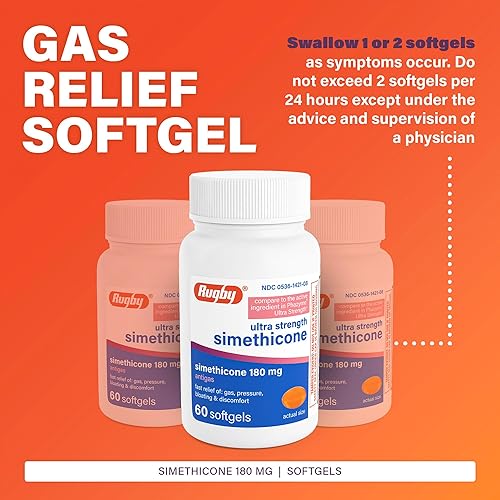 Miniatura 4 de Rugby Ultra Strength Simeticona Gas Relief 180 mg - Máximo alivio para adultos - Puede ayudar con síntomas de flatulencia e hinchazón - 60 cápsulas