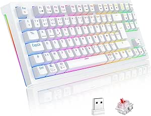 TECURS TKL AZERTY Wireless Mechanical Gamer Keyboard, Programmable RGB Wired Gaming Keyboard/Bluetooth/2.4Ghz, 80% Switch Red for PC Win/Mac/Android/iOS
