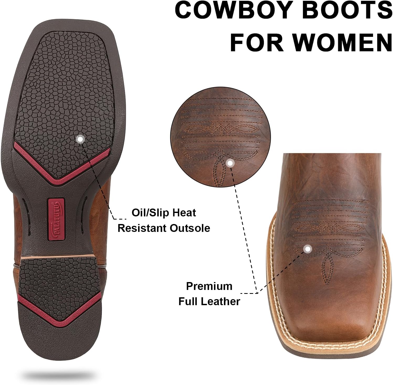 Palitutu Women's Cowboy Boots Full Cowhide Leather Mid-Calf Cowgirl Boots Pull On Western Boots Embroidered Premium full-grain leather pair with jeans, dresses, shorts