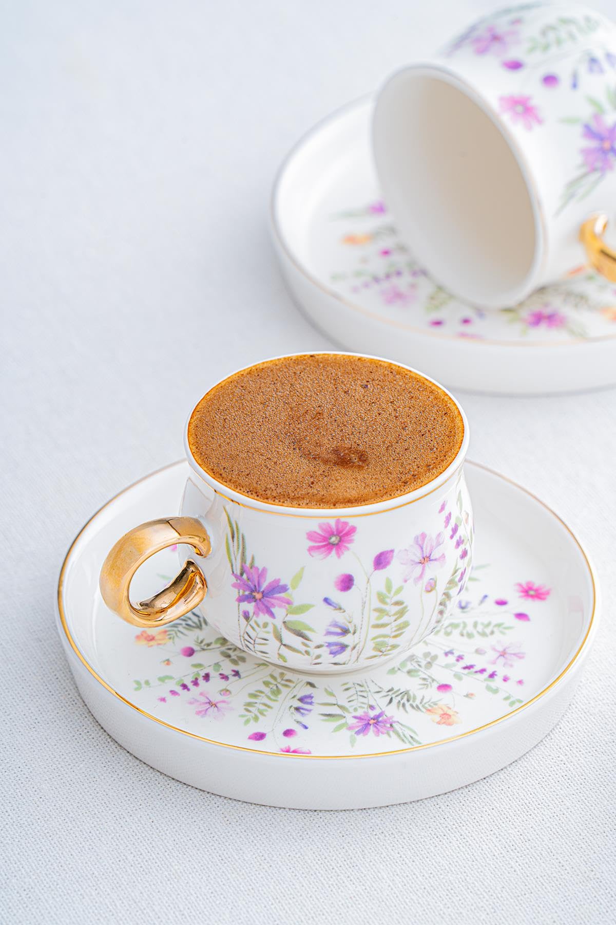 Lidya Kaffeetassen Set für 6 Personen – 90 ml – Porzellan – Goldrand – Blumenmuster – Türkisches Kaffeetassen Set