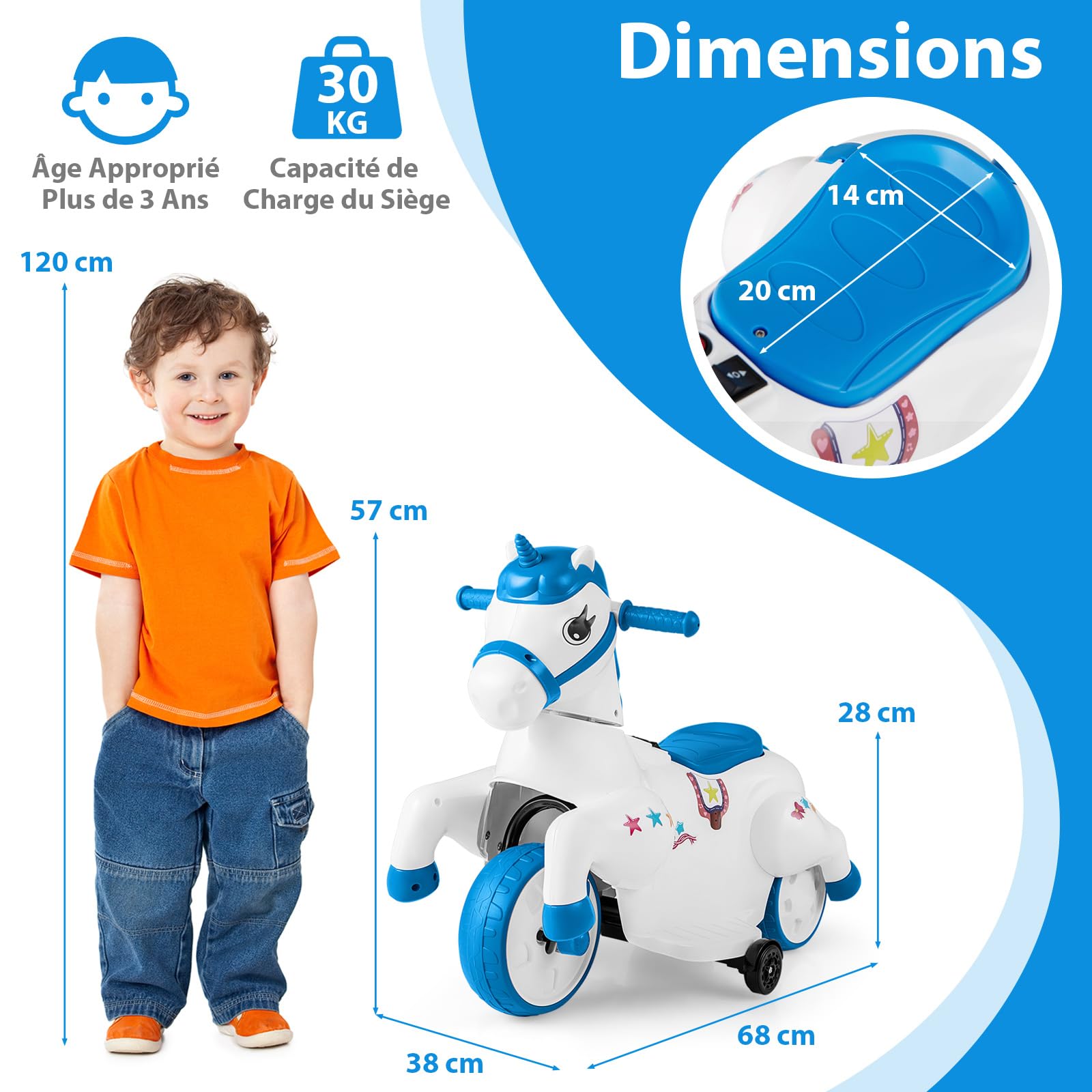 COSTWAY 12V Moto Électrique Enfant en Forme Licorne avec Musique & Démarrage à Un Bouton, Cheval Électrique Enfant avec Roues d'Entraînement & Mode Équitation, 3 km/h, Charge 30kg, 3 Ans+ (Bleu)