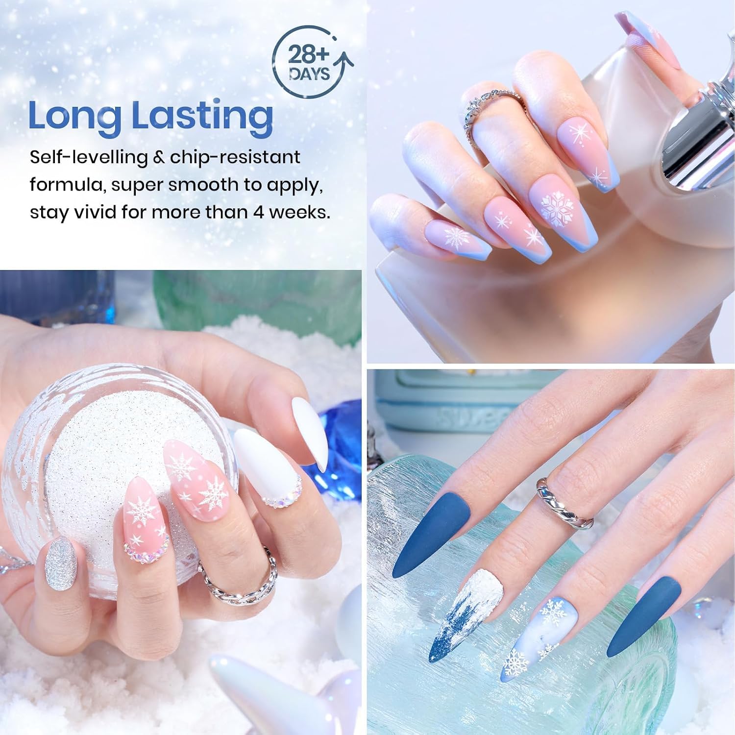 beetles Gel Polish Set, Glitter Snowflakes Collection Blue Polish Set, White Glitter Navy Blue Silver Nails Color Gel Soak off UV LED Lamp Gift for Her
