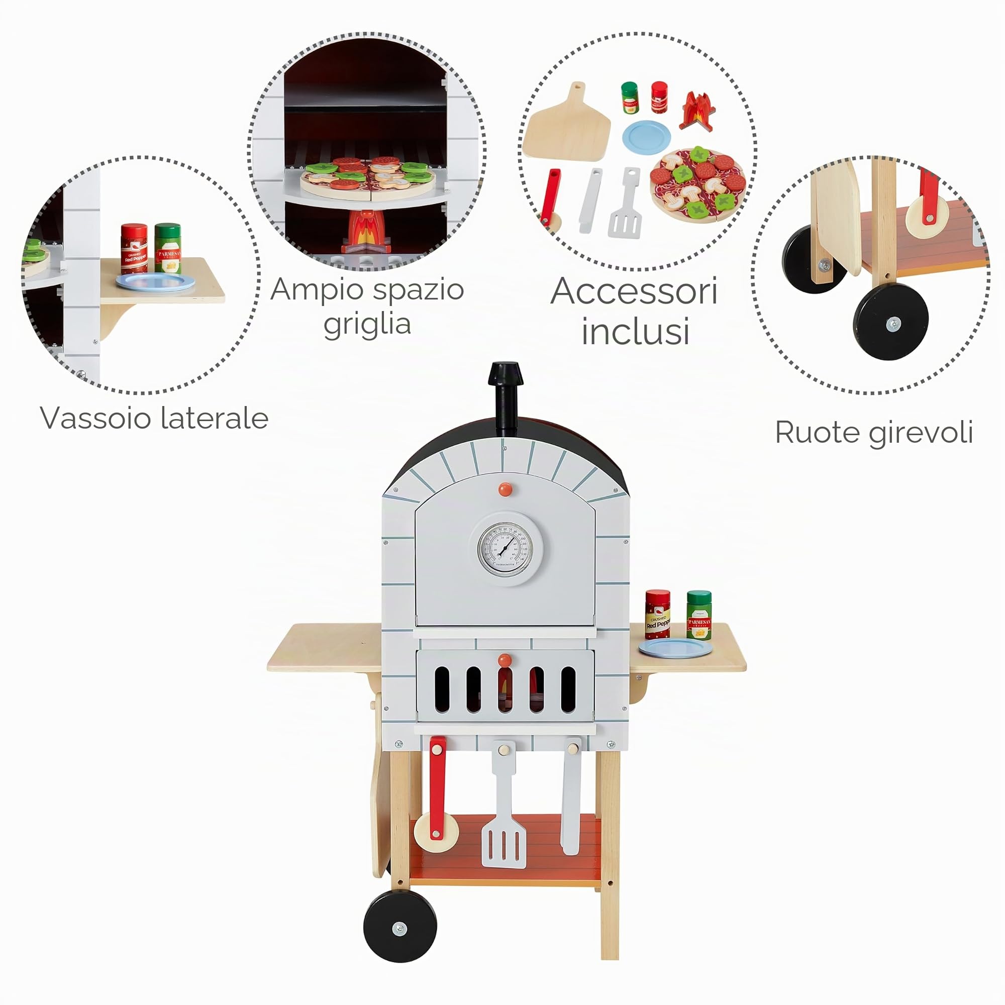 Teamson Kids Forno Pizza con 24 Accessori per Bambini, Grigio/Naturale | 24 Accessori
