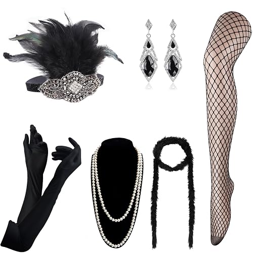 DRESHOW 1920s Accesorios Set Años 20 Fiesta Disfraz Gran Gatsby Diadema Collar Guantes Pendientes para Mujeres
